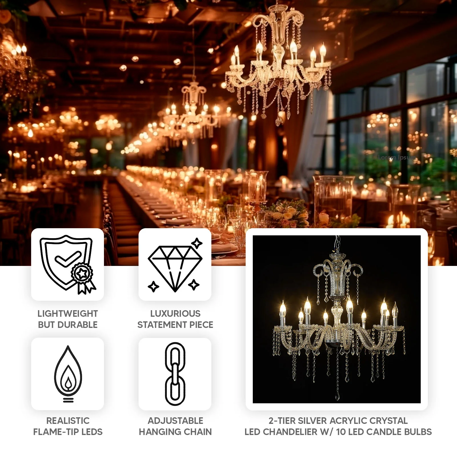 2-Tier Crystal Chandelier with 10 LED Candle Bulbs – Silver Acrylic Ceiling Light Fixture with Decorative Upper Crystals for Dining Room or Foyer – 2.5ft - Image 3