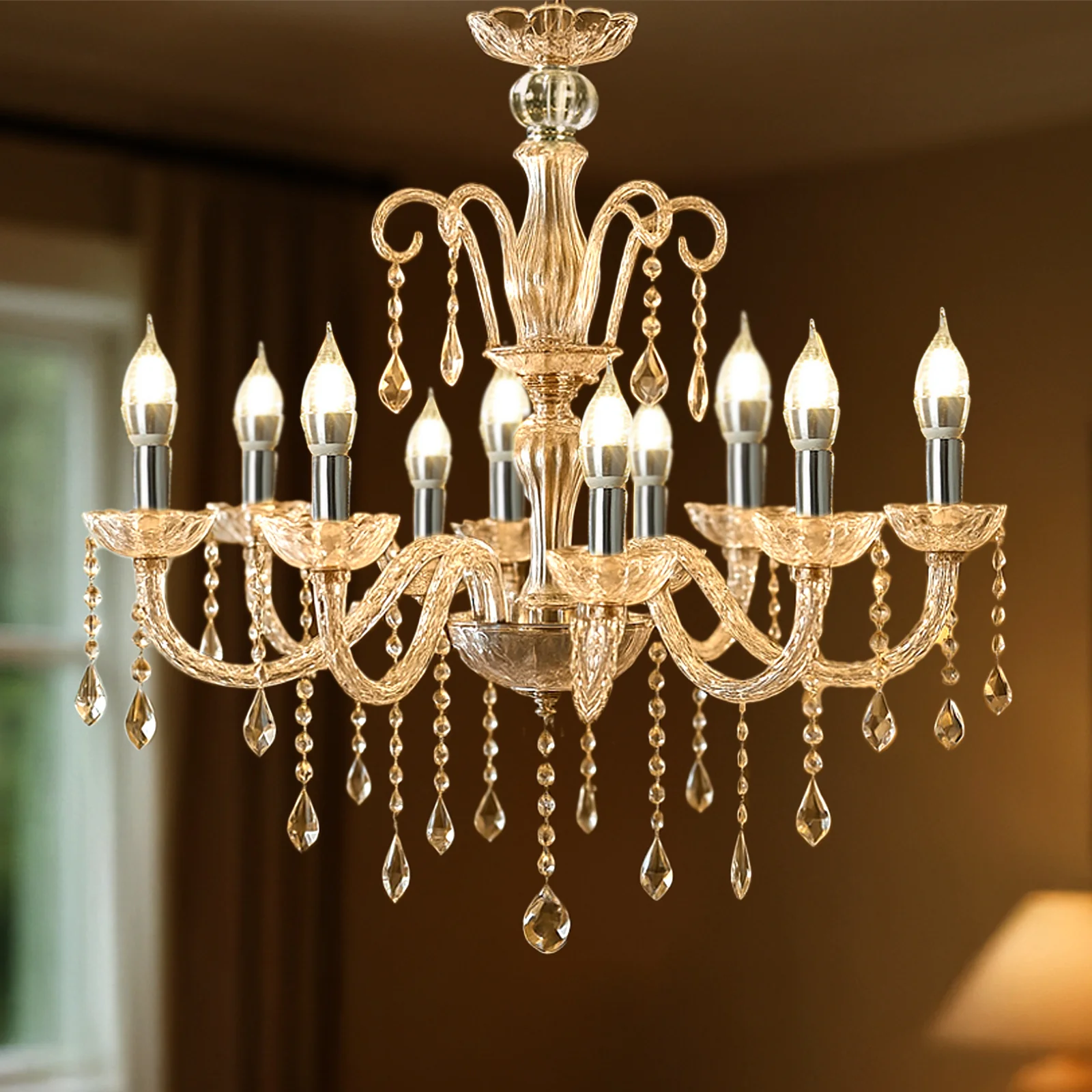 2-Tier Crystal Chandelier with 10 LED Candle Bulbs – Silver Acrylic Ceiling Light Fixture with Decorative Upper Crystals for Dining Room or Foyer – 2.5ft - Image 5