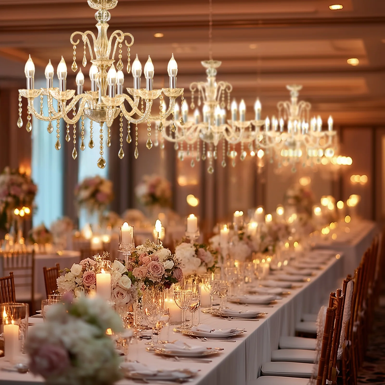 2-Tier Crystal Chandelier with 10 LED Candle Bulbs – Silver Acrylic Ceiling Light Fixture with Decorative Upper Crystals for Dining Room or Foyer – 2.5ft - Image 9