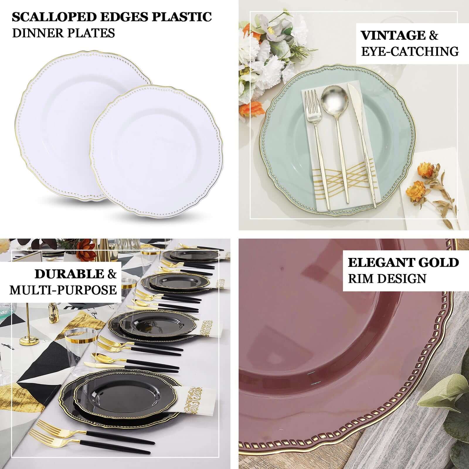 10-Pack Plastic 10" Dinner Plates in White with Gold Scalloped Rim - Disposable Large Party Plates for Upscale Events & Banquets - Image 4