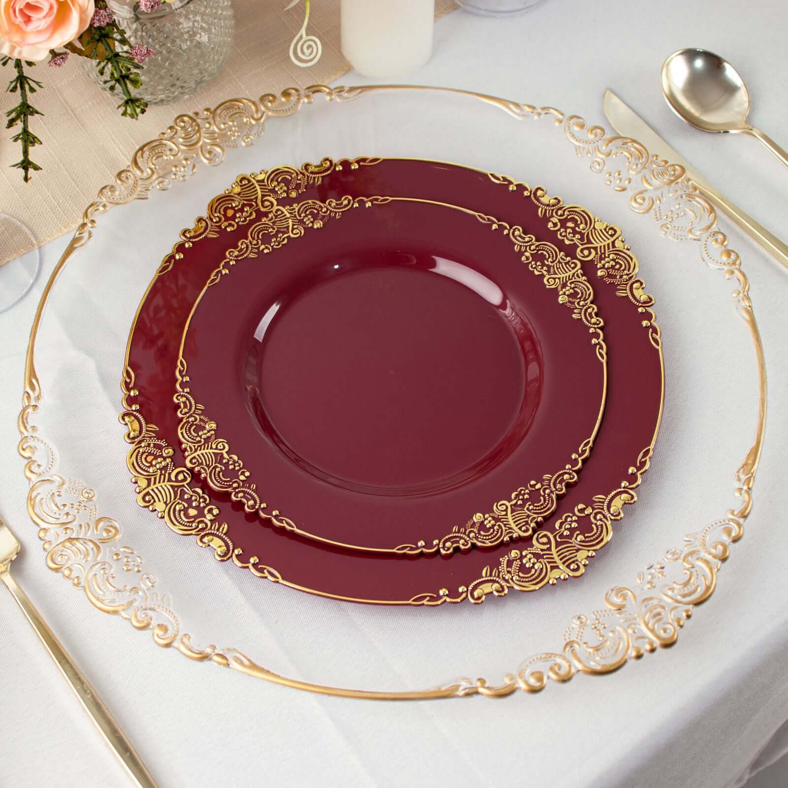 10-Pack Plastic 10" Round Dinner Plates in Burgundy with Gold Leaf Embossed Rim - Disposable Vintage Baroque Style Plates - Image 2