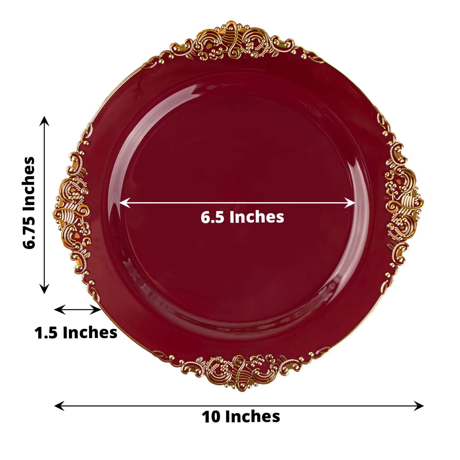 10-Pack Plastic 10" Round Dinner Plates in Burgundy with Gold Leaf Embossed Rim - Disposable Vintage Baroque Style Plates - Image 3