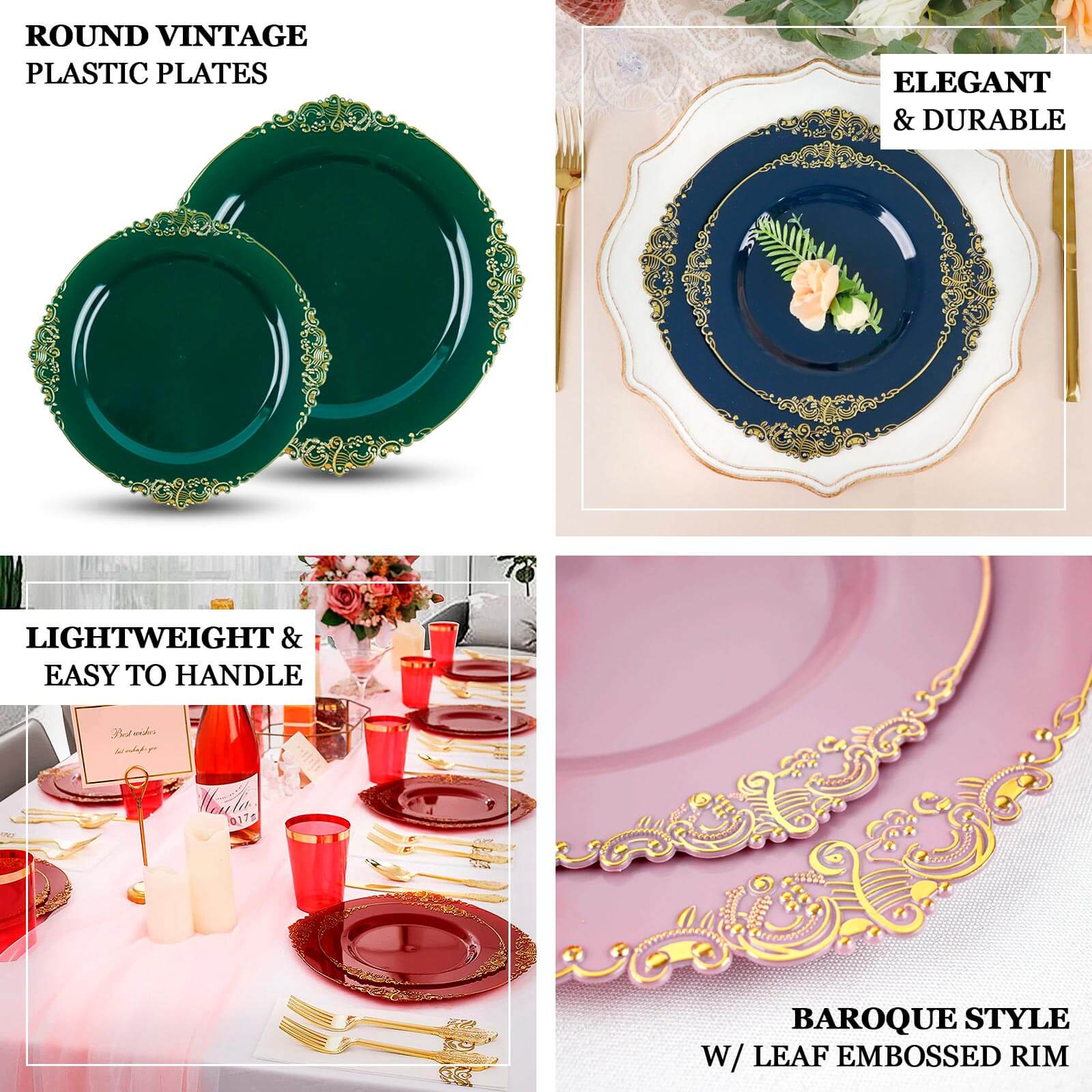 10-Pack Plastic 10" Round Dinner Plates in Burgundy with Gold Leaf Embossed Rim - Disposable Vintage Baroque Style Plates - Image 4