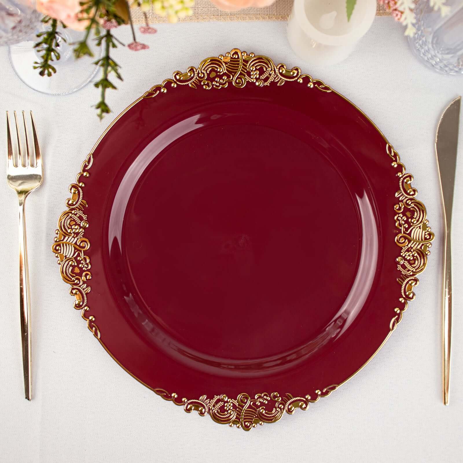 10-Pack Plastic 10" Round Dinner Plates in Burgundy with Gold Leaf Embossed Rim - Disposable Vintage Baroque Style Plates - Image 6