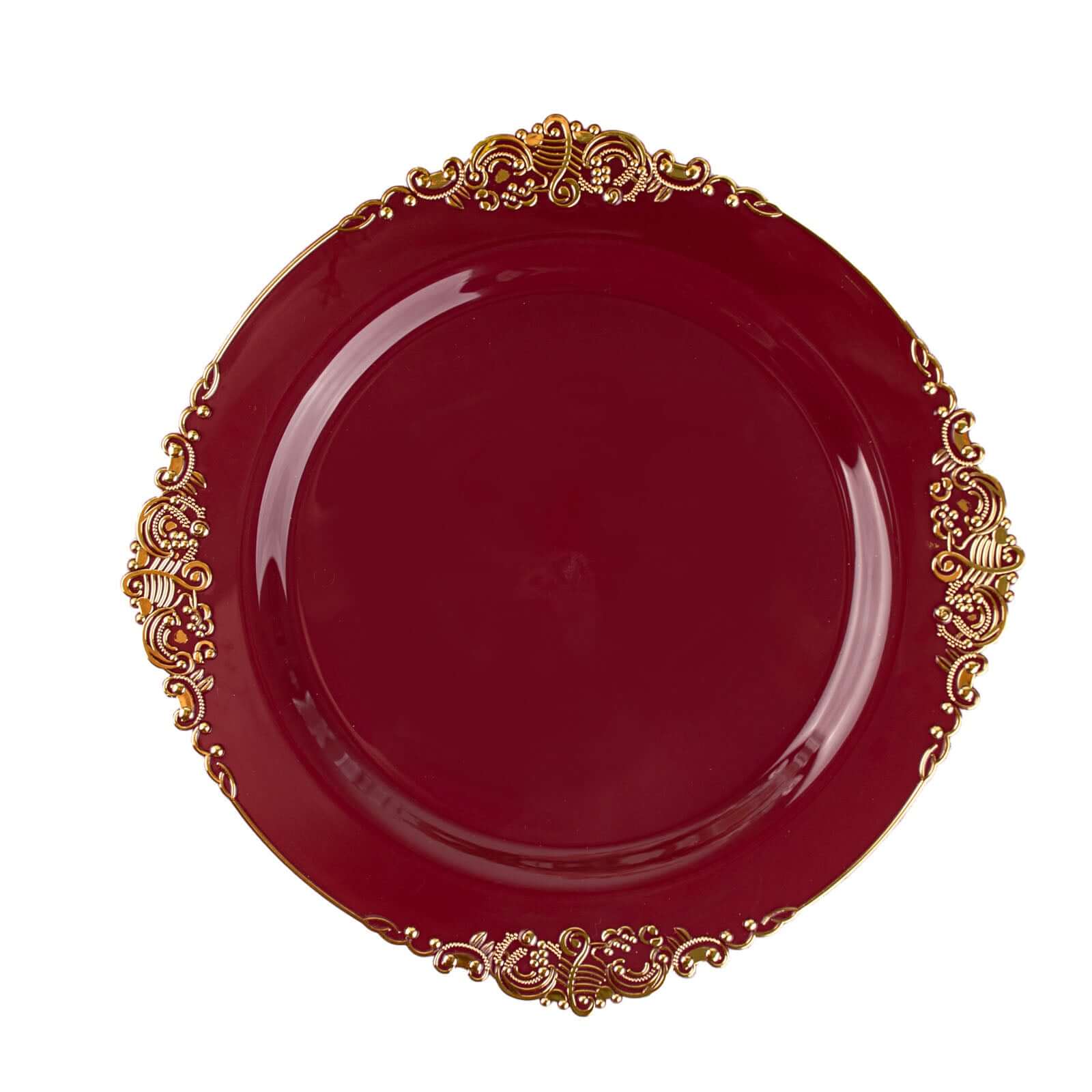 10-Pack Plastic 10" Round Dinner Plates in Burgundy with Gold Leaf Embossed Rim - Disposable Vintage Baroque Style Plates - Image 7