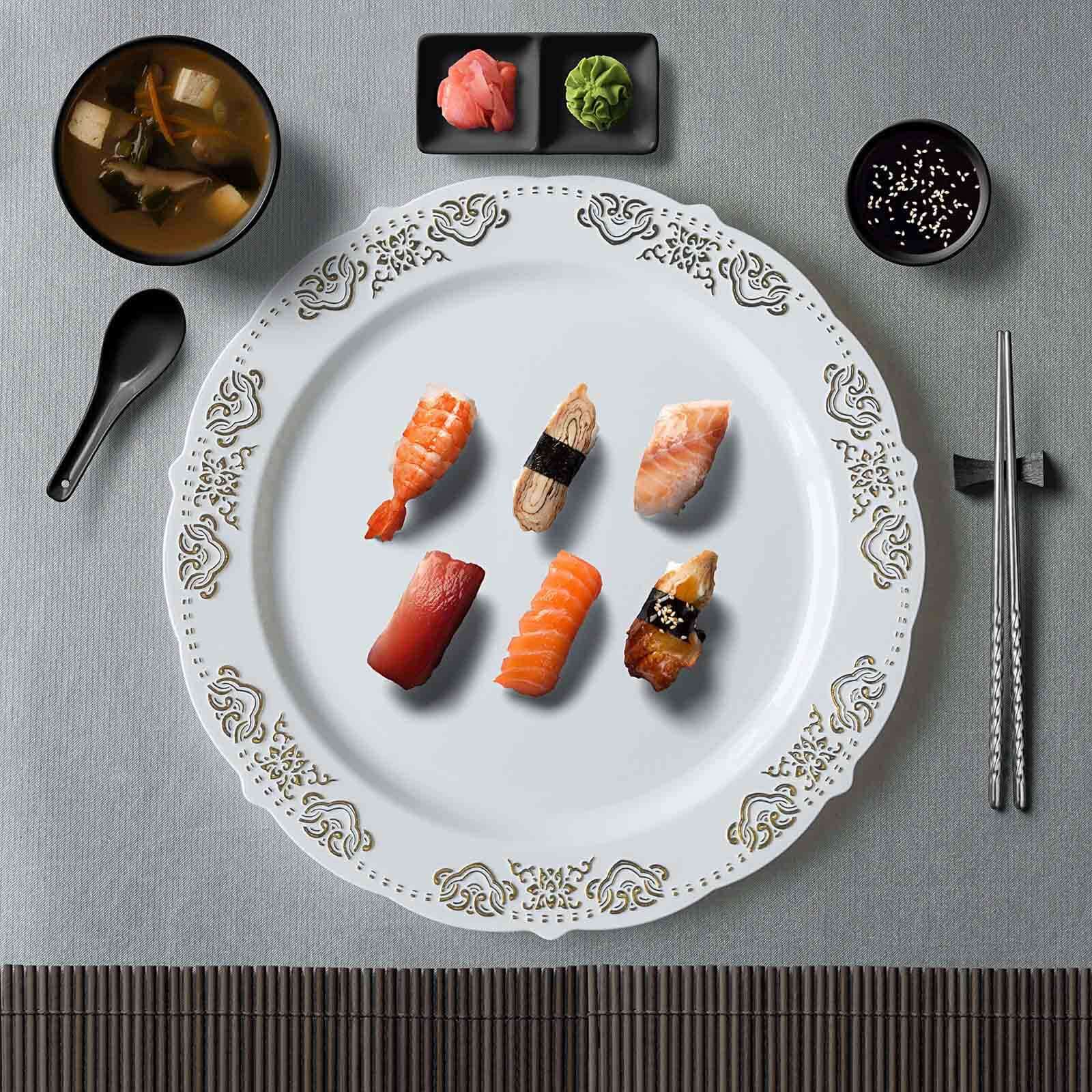 10-Pack Plastic 10" Round Dinner Plates in White with Gold Embossed Scalloped Edge - Chic Disposable Party Plates for Special Occasions & Banquets - Image 8