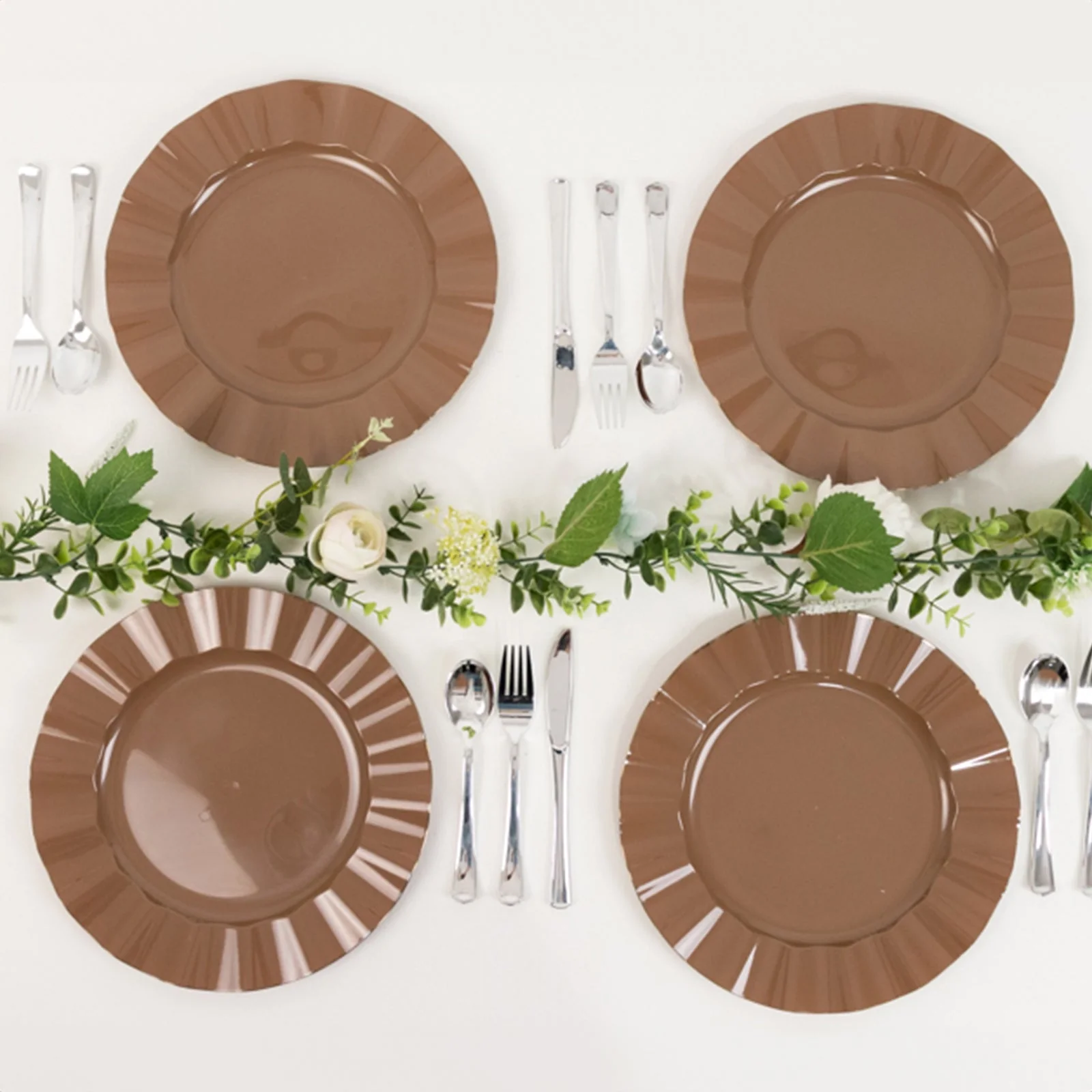 10-Pack Plastic 11" Round Dinner Plates in Coffee Brown Ruffled Rim with Gold Edging - Sturdy Disposable Dinnerware - Image 2