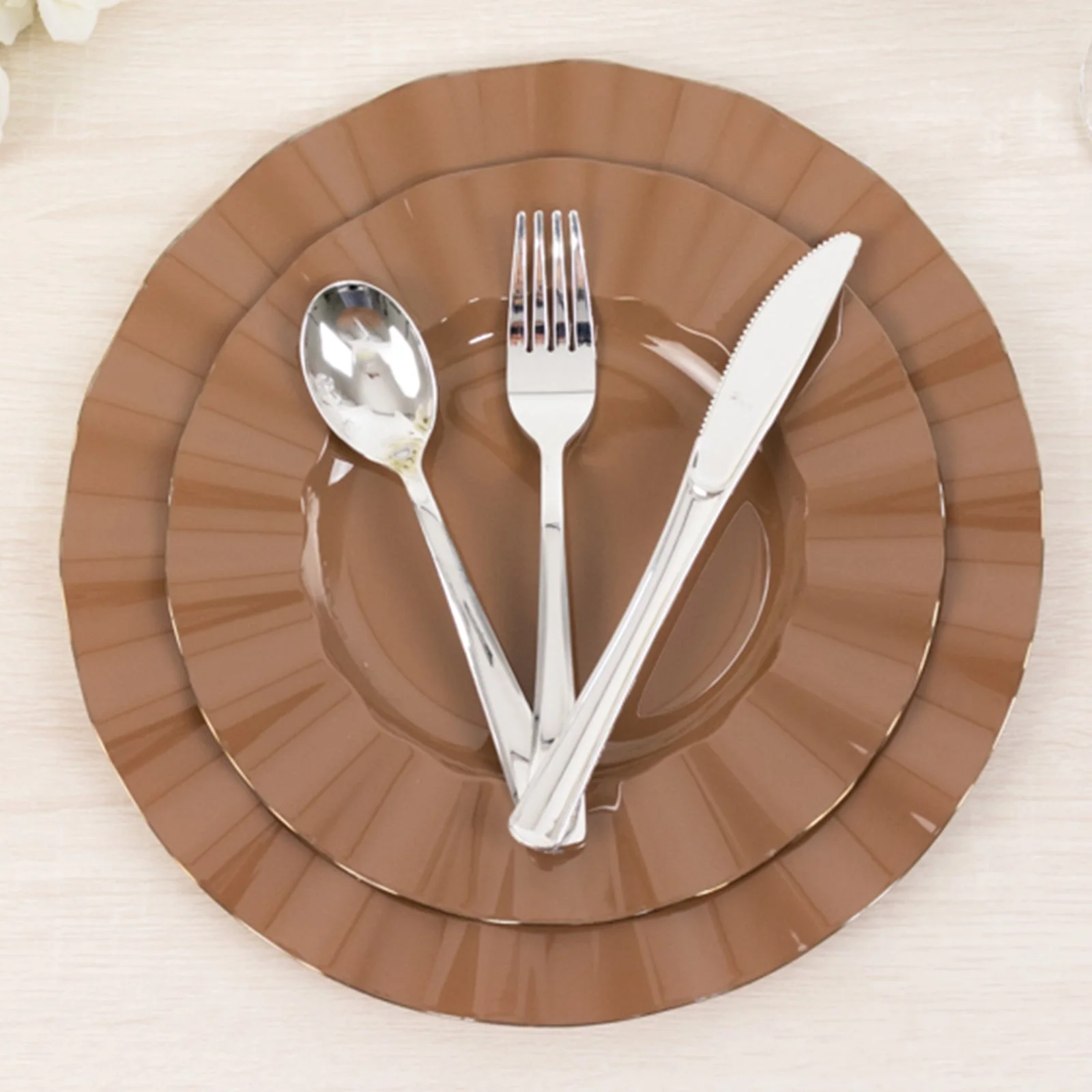 10-Pack Plastic 11" Round Dinner Plates in Coffee Brown Ruffled Rim with Gold Edging - Sturdy Disposable Dinnerware - Image 8