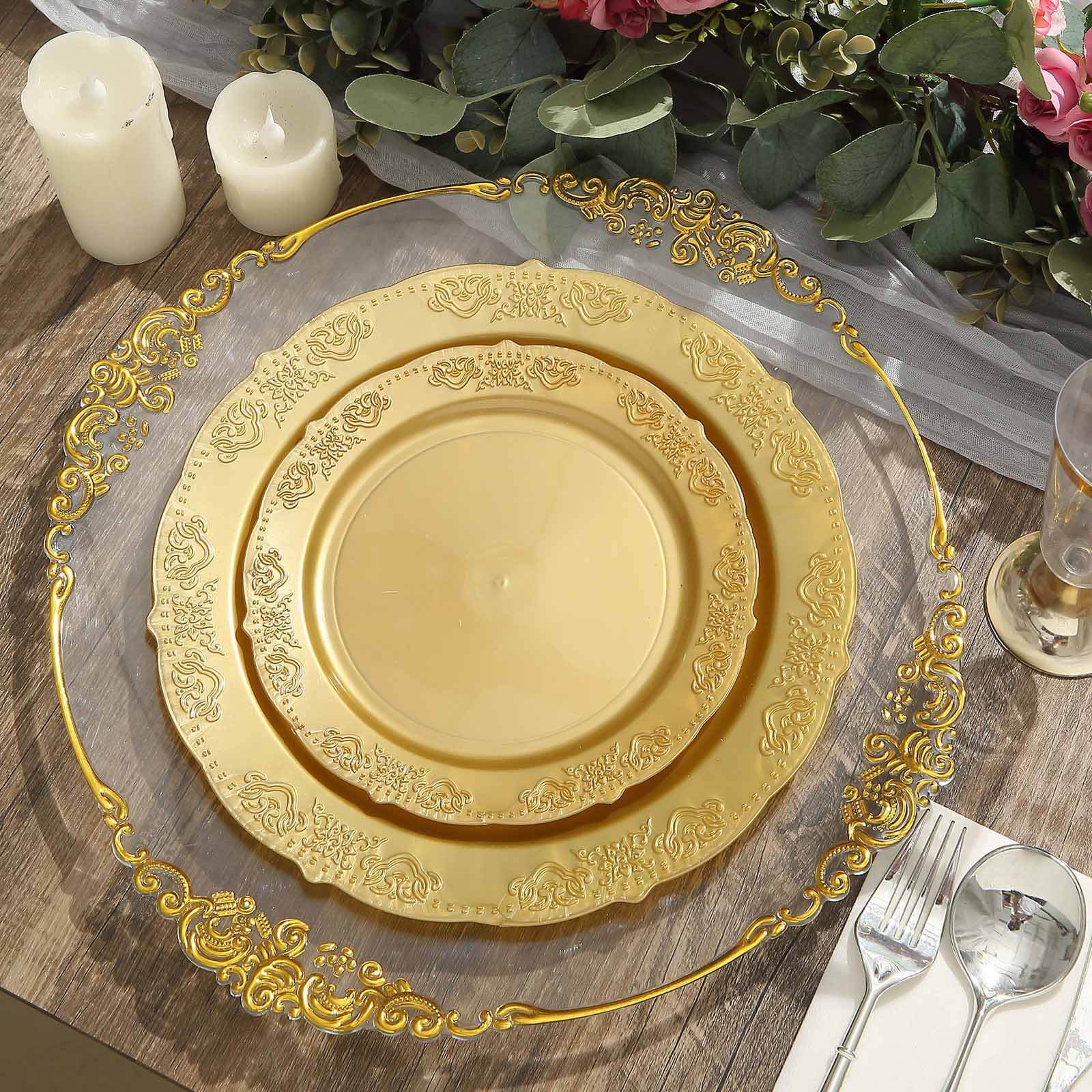 10-Pack Plastic 7.5" Round Appetizer Plates Gold Embossed Scalloped Edge - Chic Disposable Salad Plates for Special Occasions & Banquets - Image 2