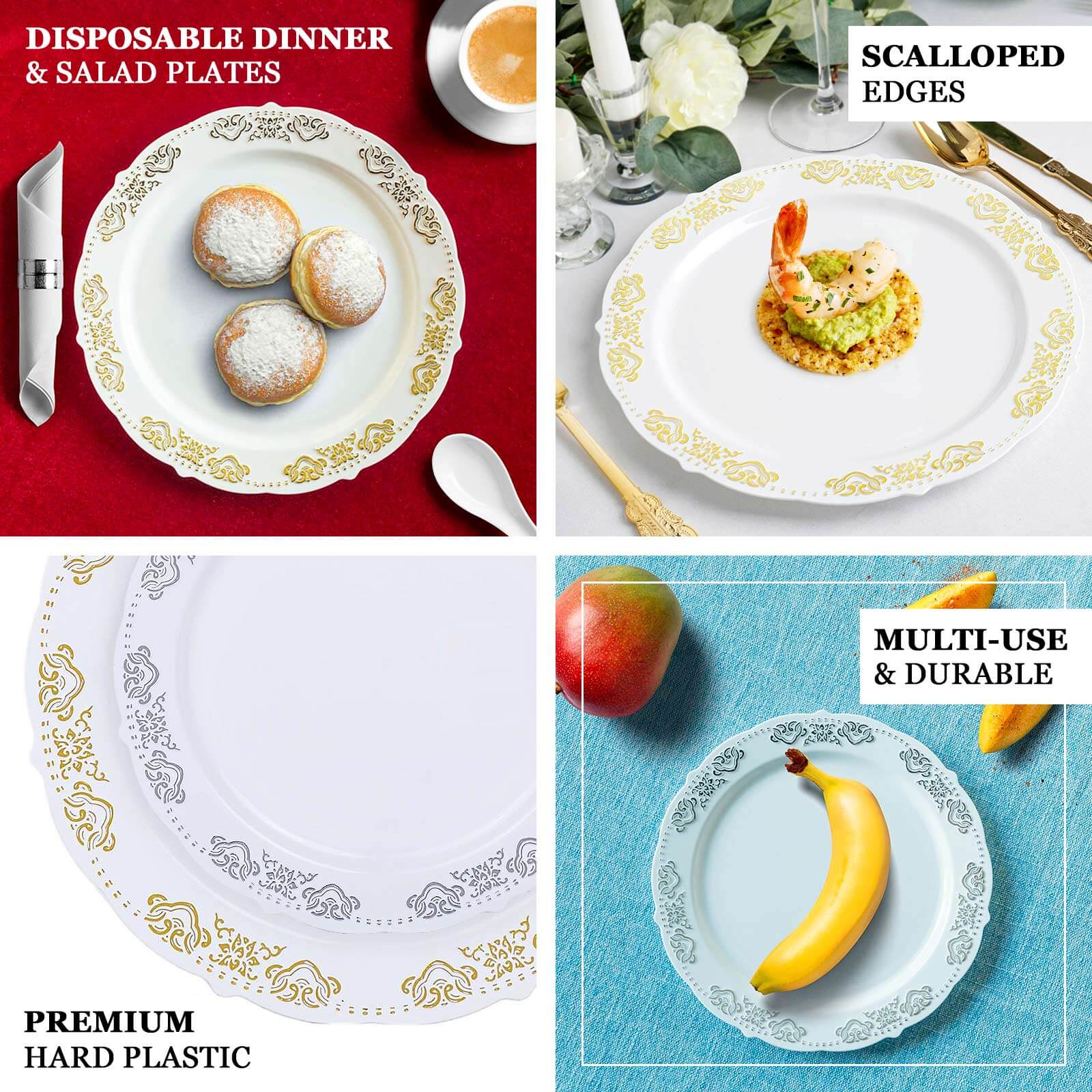 10-Pack Plastic 7.5" Round Appetizer Plates Gold Embossed Scalloped Edge - Chic Disposable Salad Plates for Special Occasions & Banquets - Image 4