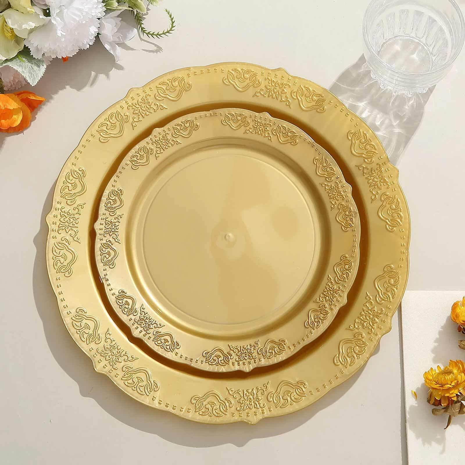 10-Pack Plastic 7.5" Round Appetizer Plates Gold Embossed Scalloped Edge - Chic Disposable Salad Plates for Special Occasions & Banquets - Image 6
