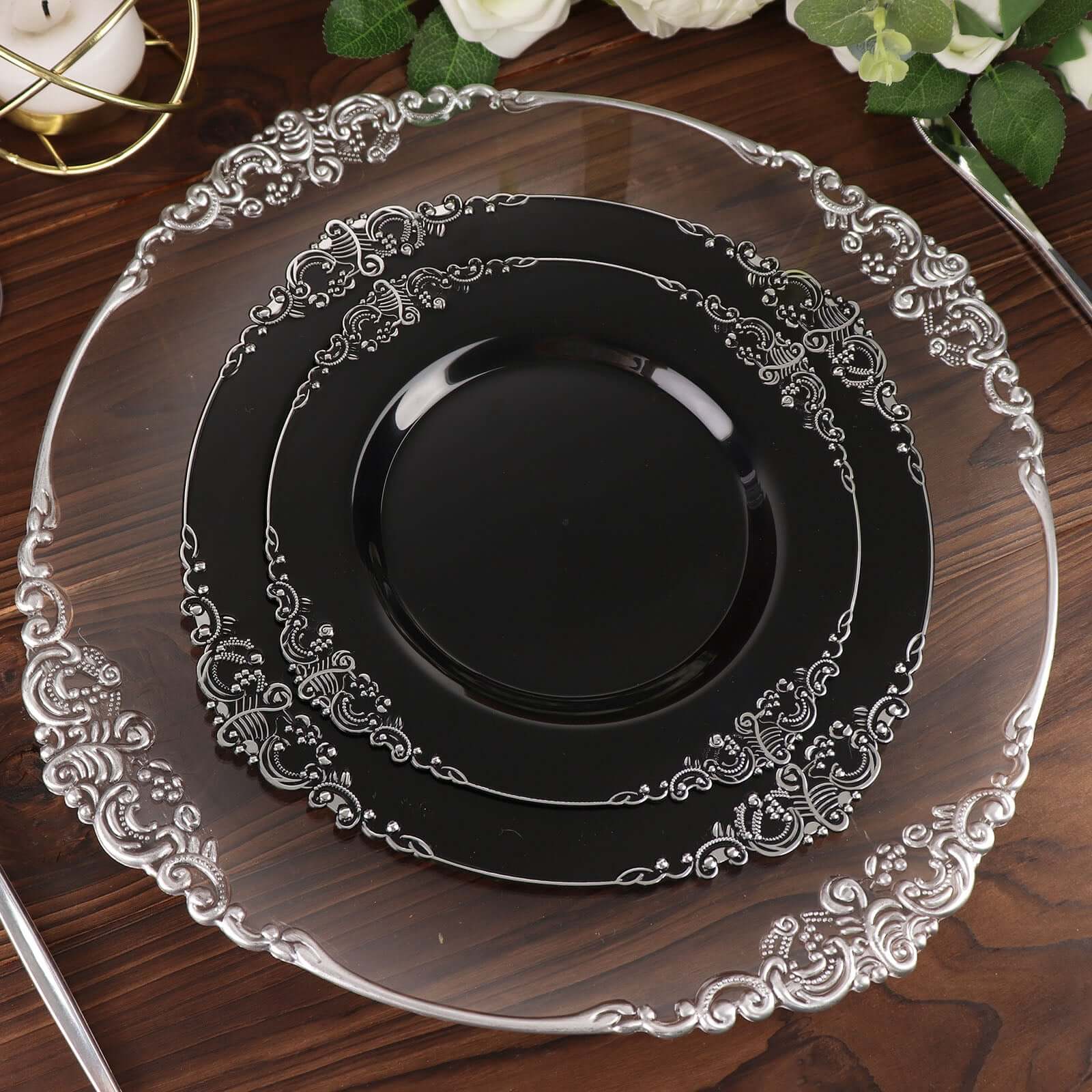 10-Pack Plastic 8" Round Dessert Plates in Black with Silver Leaf Embossed Rim - Disposable Vintage Baroque Style Salad Plates - Image 2