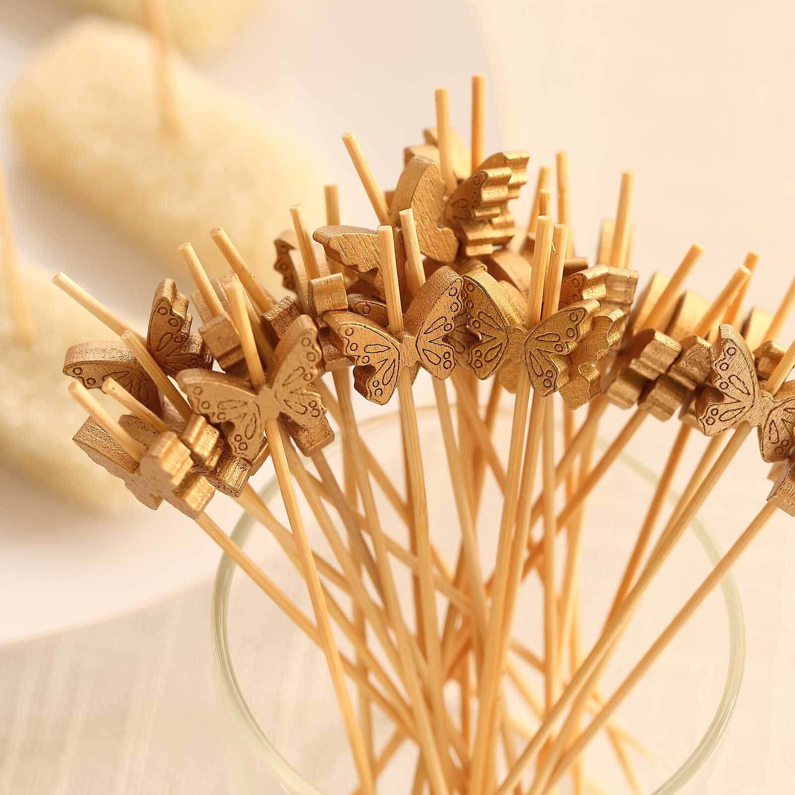 100-Pack Bamboo Cocktail Sticks Butterfly Design Eco Friendly Natural - Biodegradable Party Picks 5" - Image 2