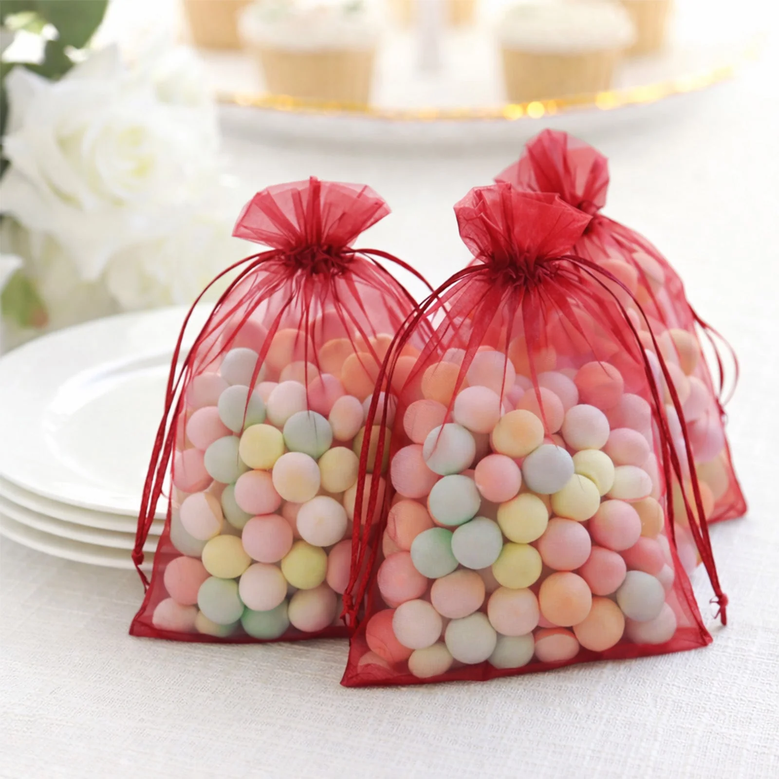 100 Pack Burgundy Organza Gift Bags with Drawstring, 5" x 7" – Wedding Party Favor Bags - Image 8