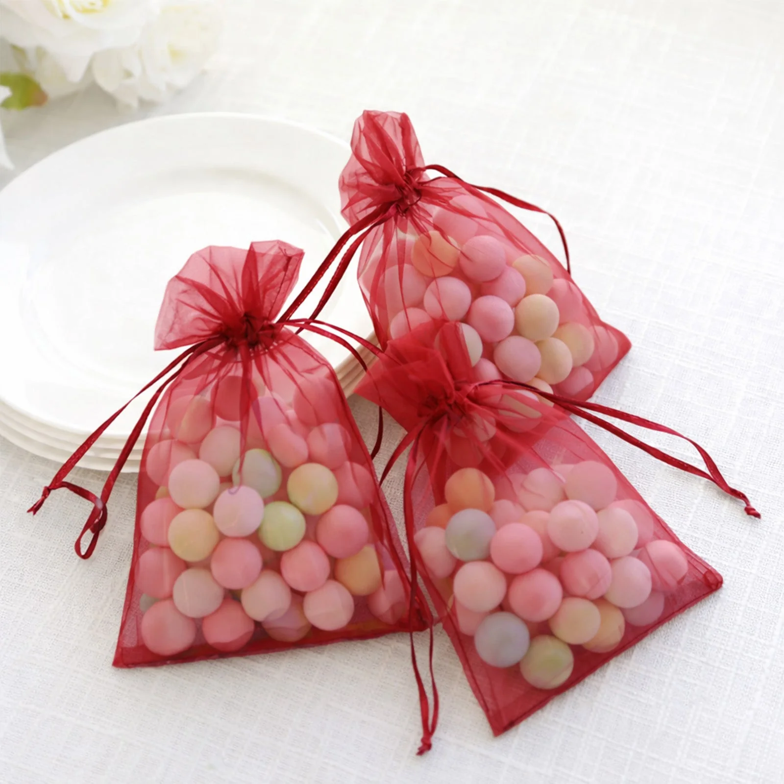 100 Pack Burgundy Organza Gift Bags with Drawstring, 5" x 7" – Wedding Party Favor Bags - Image 9