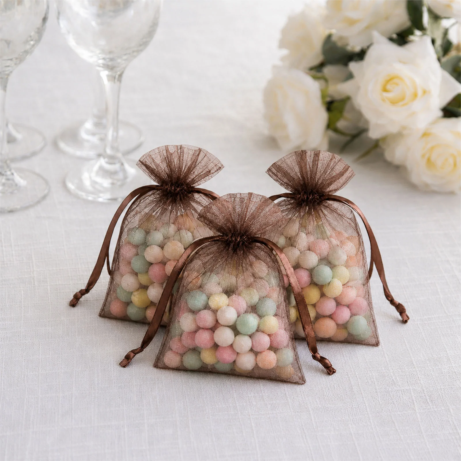 100 Pack Chocolate Organza Drawstring Gift Bags 3" x 4" – Wedding Party Favor Bags - Image 10