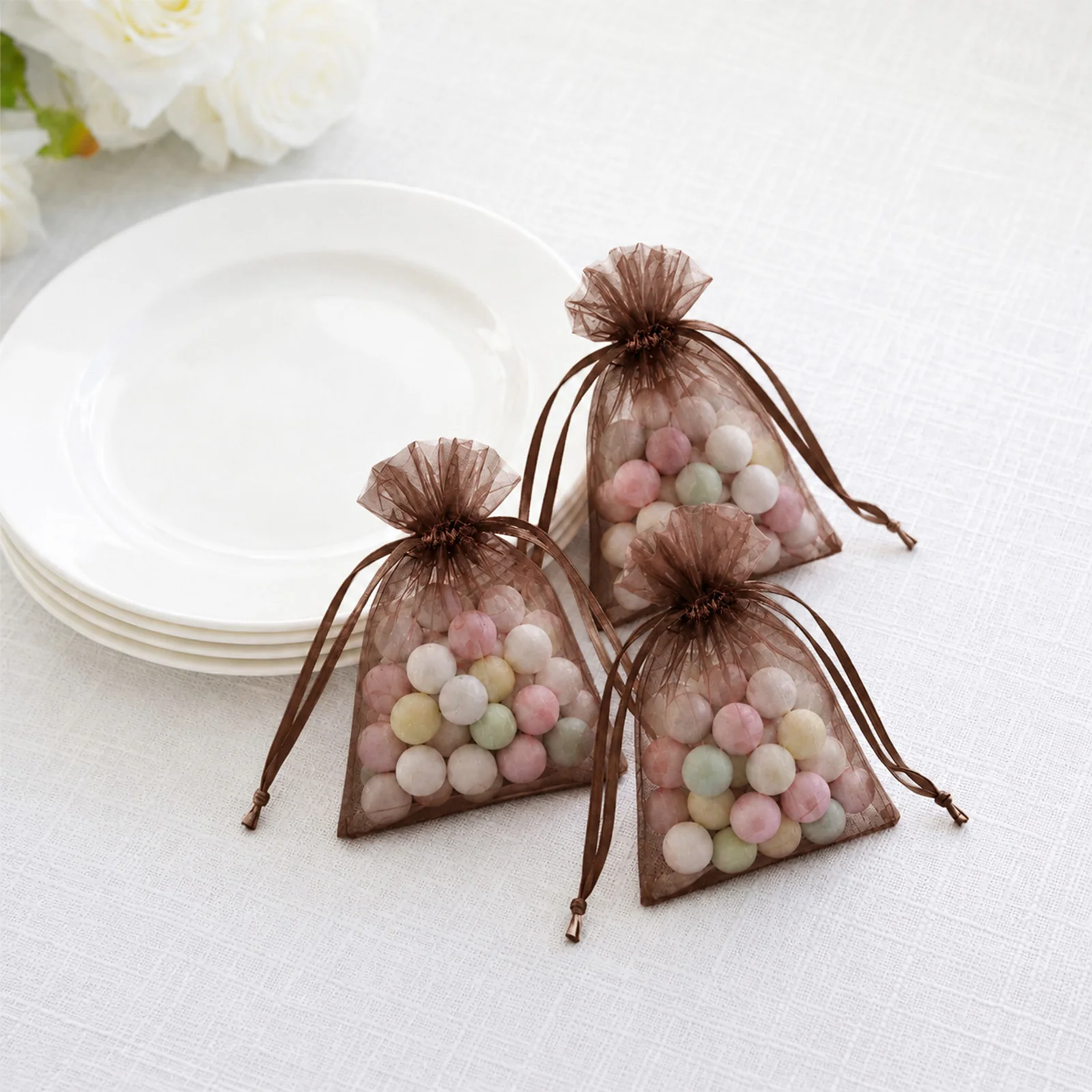 100 Pack Chocolate Organza Drawstring Gift Bags 3" x 4" – Wedding Party Favor Bags - Image 8