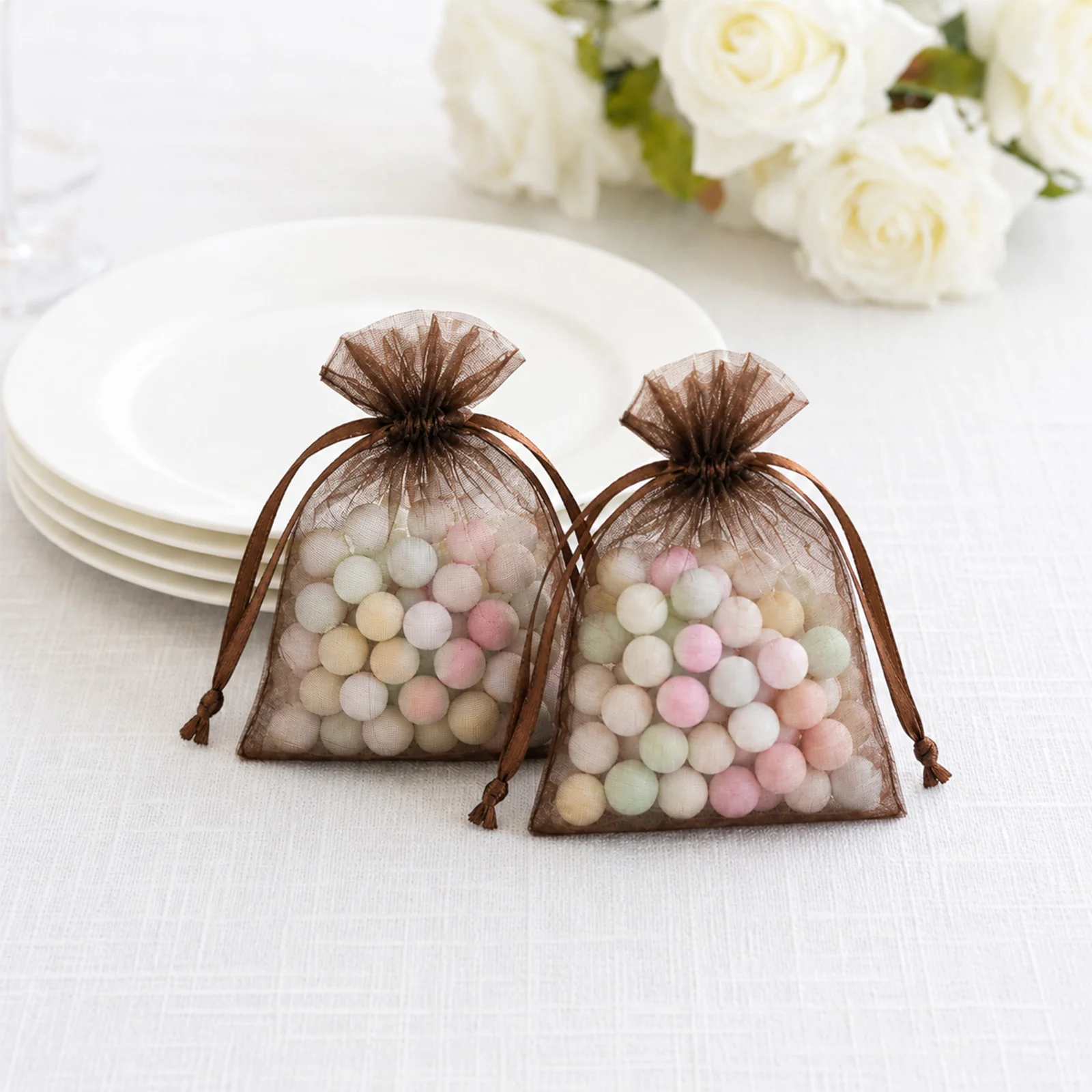 100 Pack Chocolate Organza Drawstring Gift Bags 3" x 4" – Wedding Party Favor Bags - Image 9