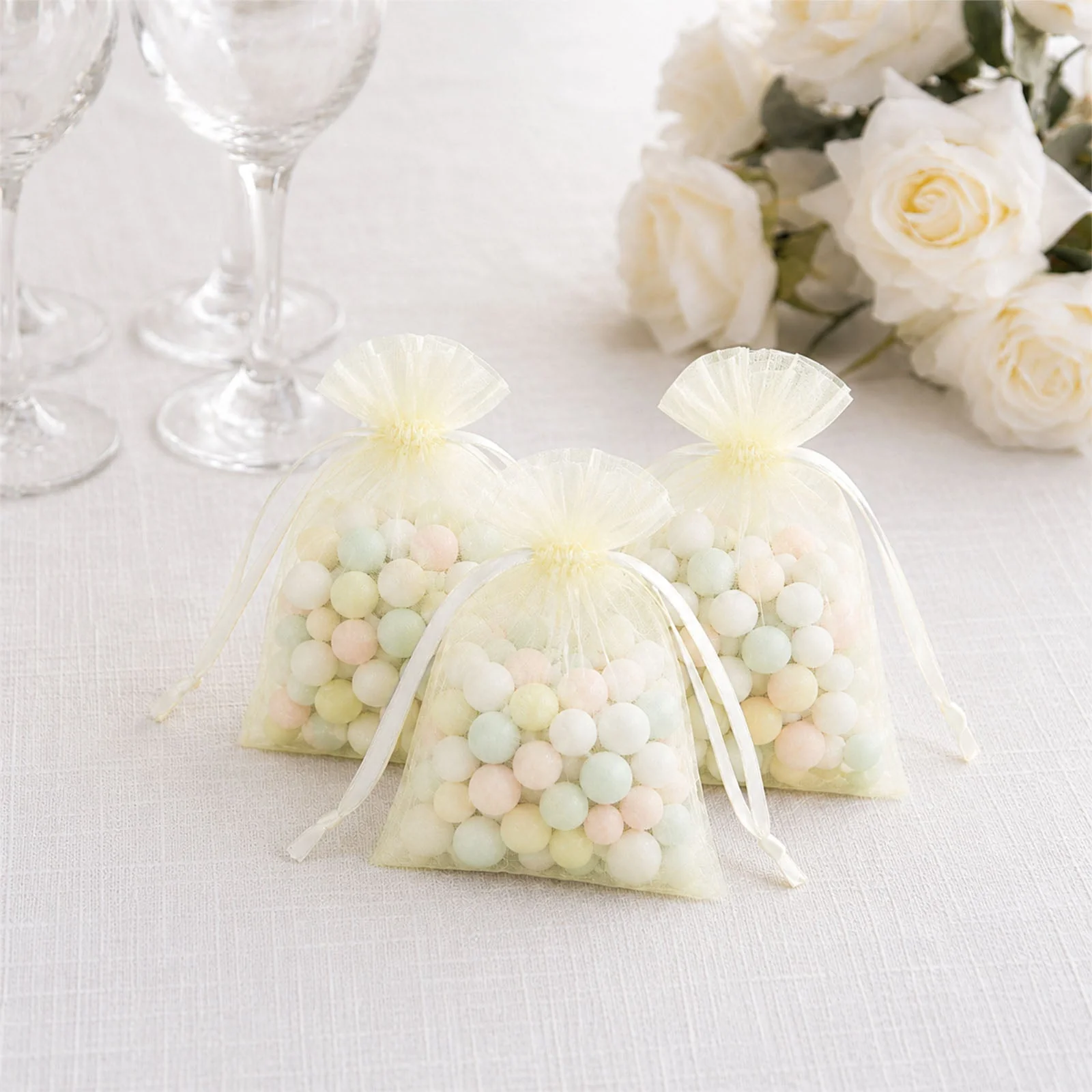 100 Pack Yellow Organza Drawstring Gift Bags 3" x 4" – Wedding Party Favor Bags - Image 7