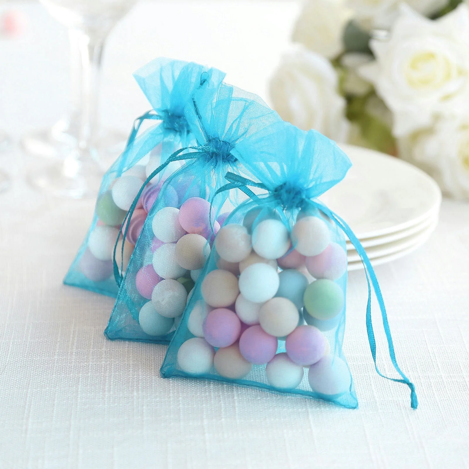 100 Pack Turquoise Organza Gift Bags with Drawstring, 4" x 6" – Wedding Party Favor Bags - Image 7