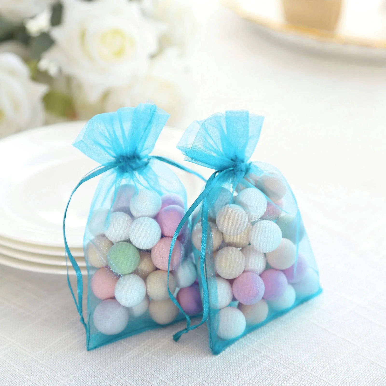 100 Pack Turquoise Organza Gift Bags with Drawstring, 4" x 6" – Wedding Party Favor Bags - Image 9