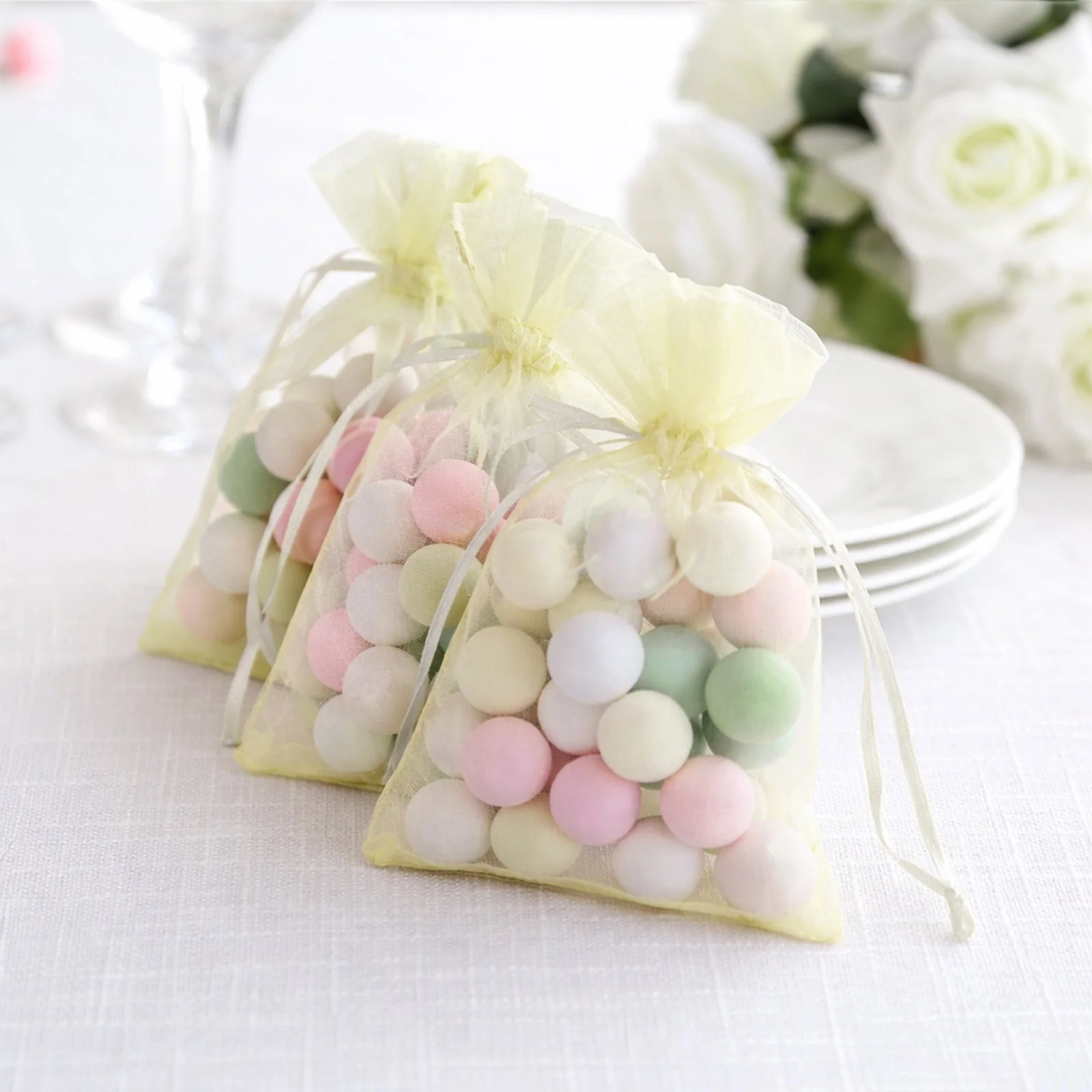 100 Pack Yellow Organza Gift Bags with Drawstring, 4" x 6" – Wedding Party Favor Bags - Image 7