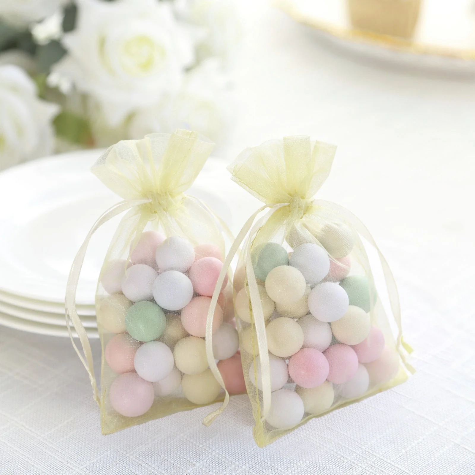 100 Pack Yellow Organza Gift Bags with Drawstring, 4" x 6" – Wedding Party Favor Bags - Image 9