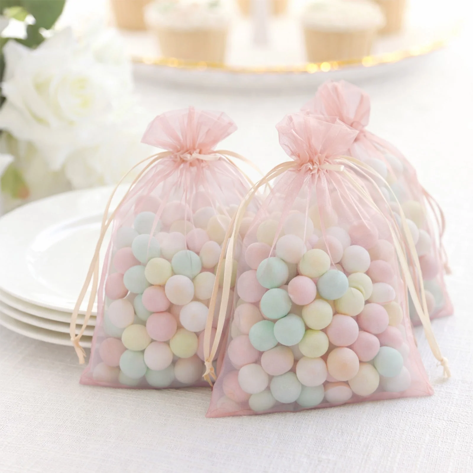100 Pack Blush Organza Gift Bags with Drawstring, 5" x 7" – Wedding Party Favor Bags - Image 7