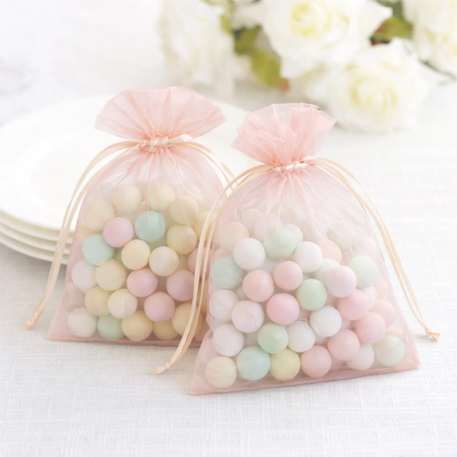 100 Pack Blush Organza Gift Bags with Drawstring, 5" x 7" – Wedding Party Favor Bags - Image 9