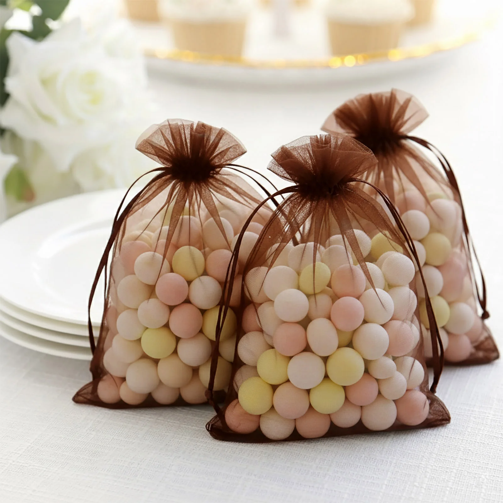 100 Pack Chocolate Organza Gift Bags with Drawstring, 5" x 7" – Wedding Party Favor Bags - Image 8