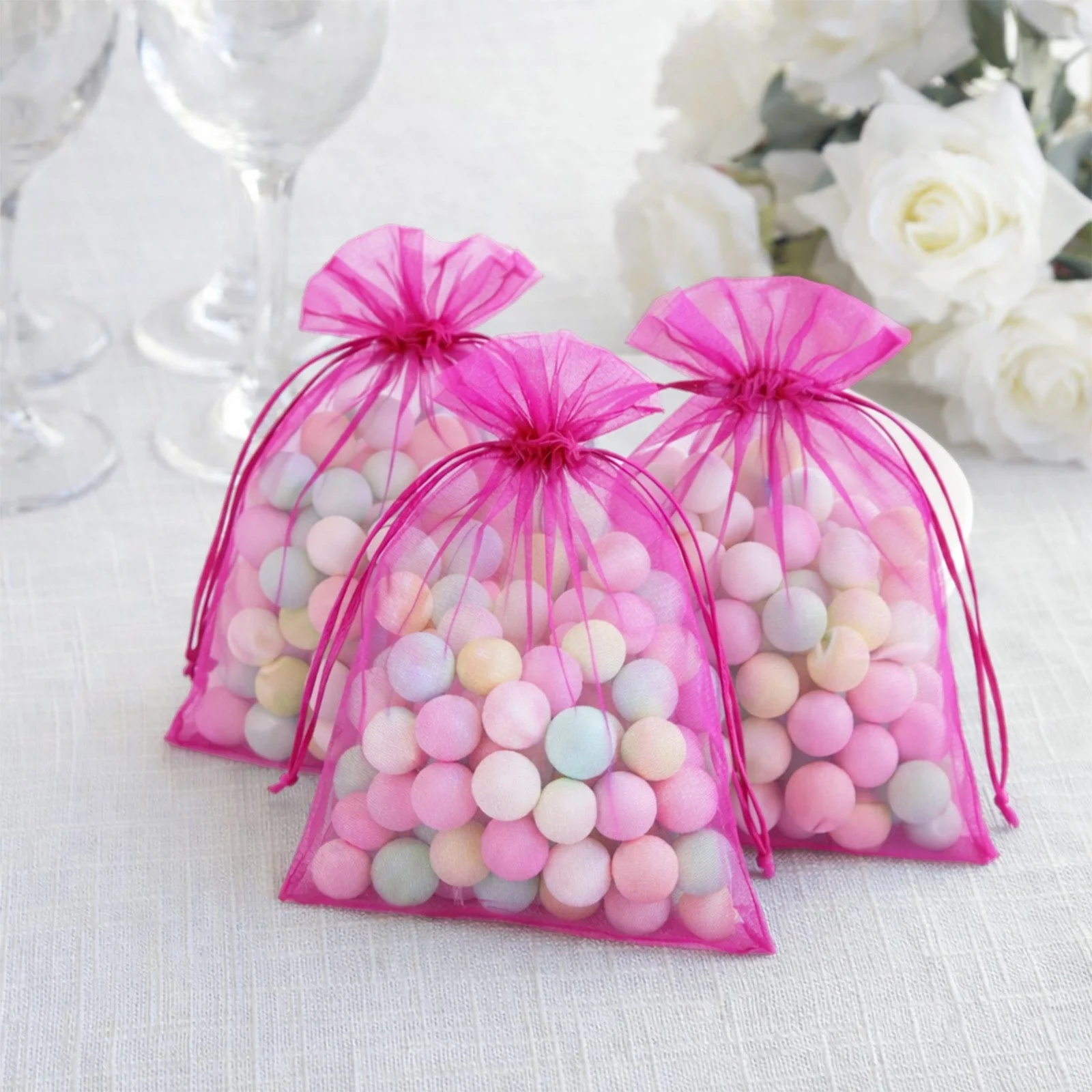 100 Pack Fuchsia Organza Gift Bags with Drawstring, 5" x 7" – Wedding Party Favor Bags - Image 7
