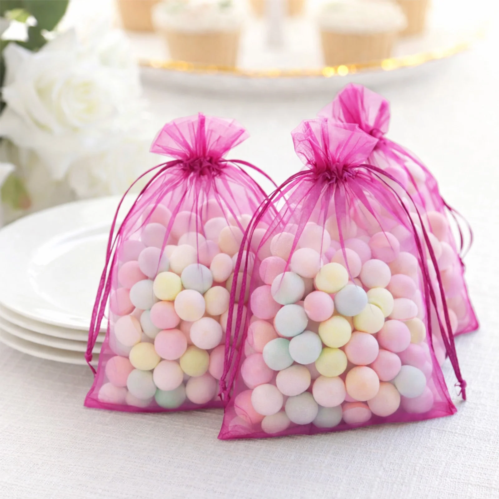 100 Pack Fuchsia Organza Gift Bags with Drawstring, 5" x 7" – Wedding Party Favor Bags - Image 8