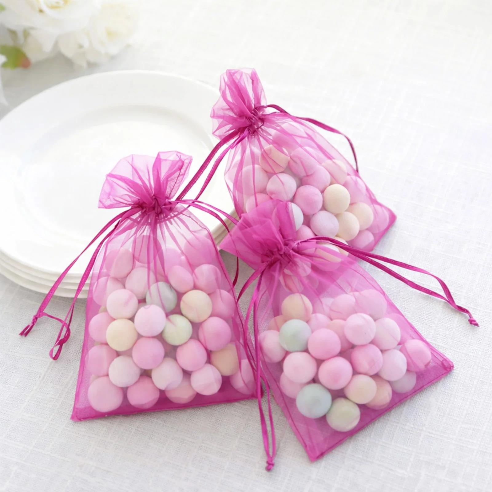 100 Pack Fuchsia Organza Gift Bags with Drawstring, 5" x 7" – Wedding Party Favor Bags - Image 9