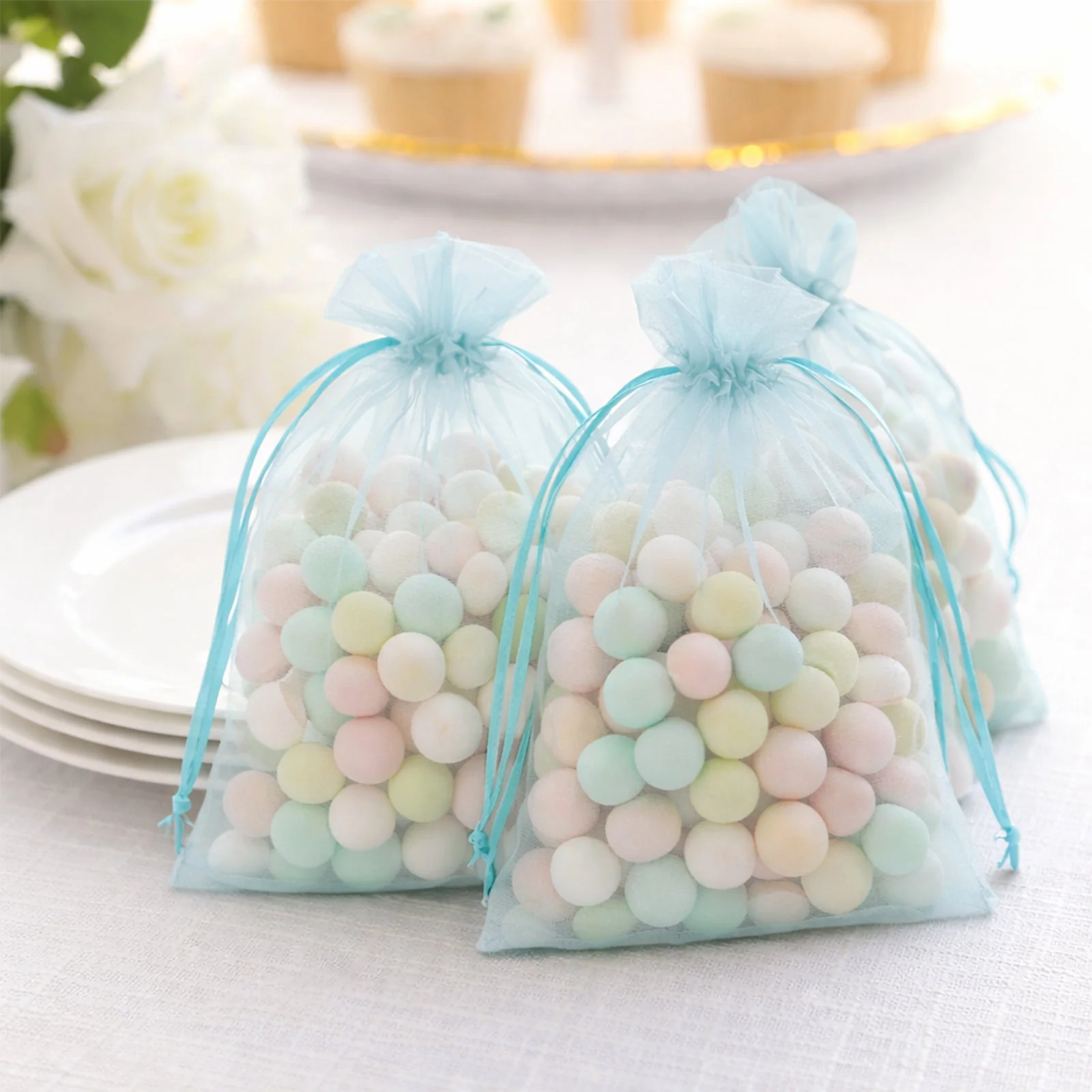 100 Pack Light Blue Organza Gift Bags with Drawstring, 5" x 7" – Wedding Party Favor Bags - Image 7