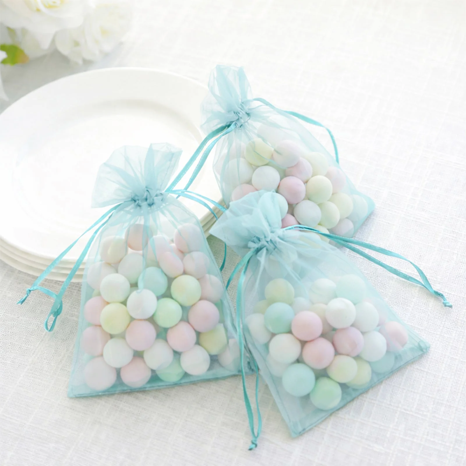 100 Pack Light Blue Organza Gift Bags with Drawstring, 5" x 7" – Wedding Party Favor Bags - Image 8