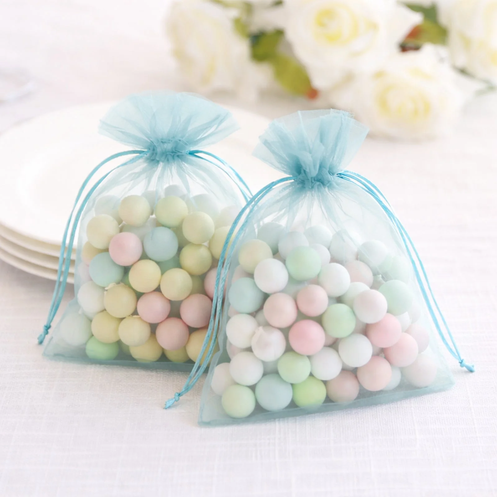 100 Pack Light Blue Organza Gift Bags with Drawstring, 5" x 7" – Wedding Party Favor Bags - Image 9