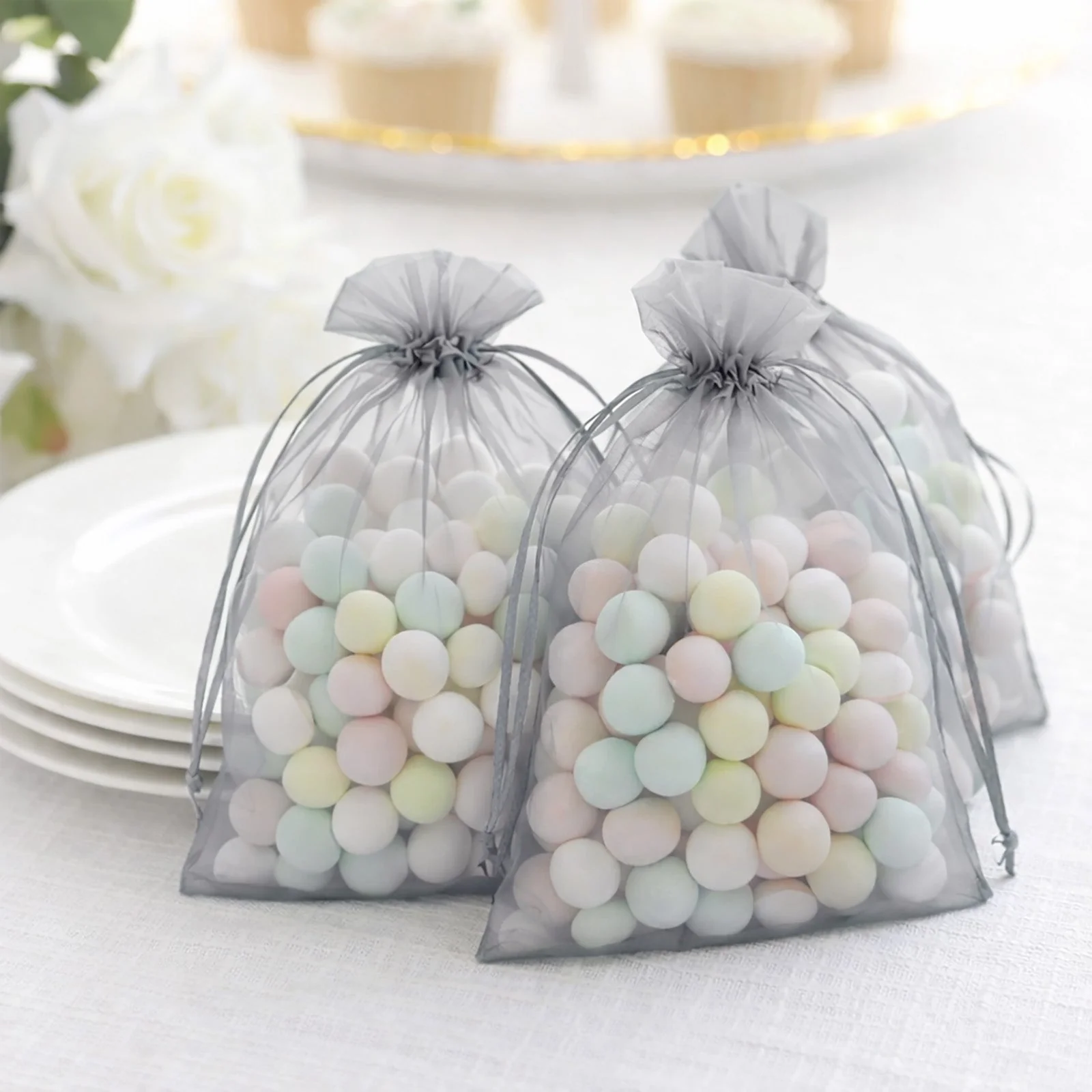 100 Pack Silver Organza Gift Bags with Drawstring, 5" x 7" – Wedding Party Favor Bags - Image 10