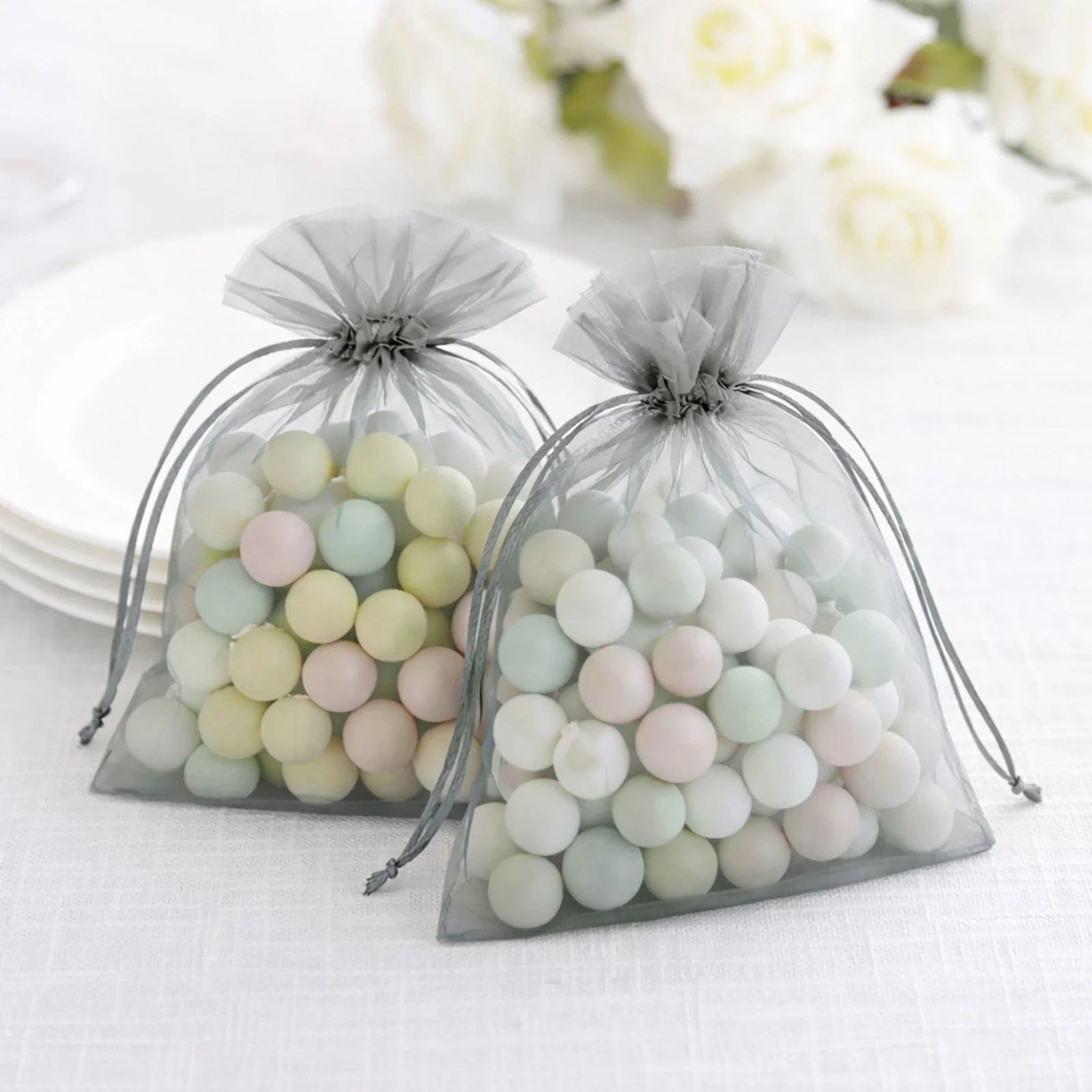 100 Pack Silver Organza Gift Bags with Drawstring, 5" x 7" – Wedding Party Favor Bags - Image 9
