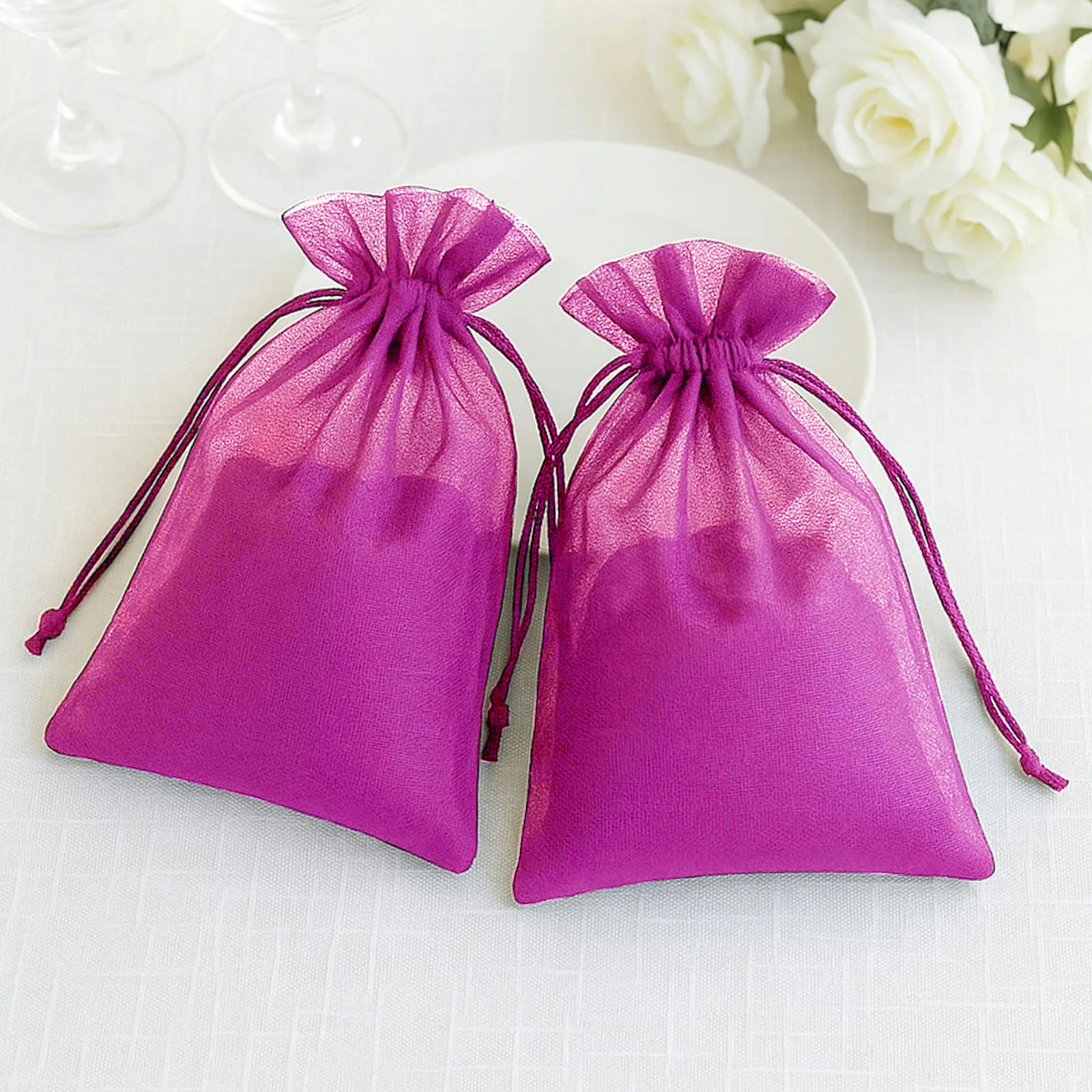 100 Pack Fuchsia Organza Gift Bags with Drawstring, 6" x 9" – Wedding Party Favor Bags - Image 7