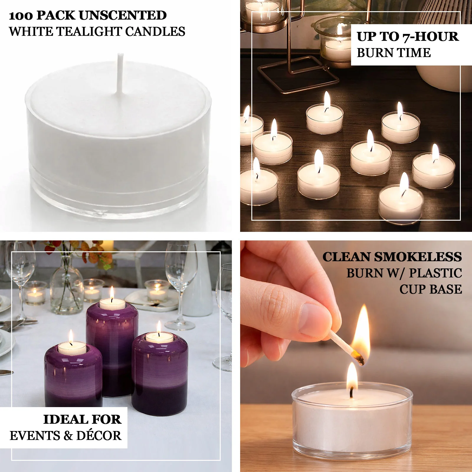 100 Pack White Tealight Candles – Unscented 7-Hour Extended Burn Time, Smokeless, Clean-Burning Wax, Clear Cups - Image 4