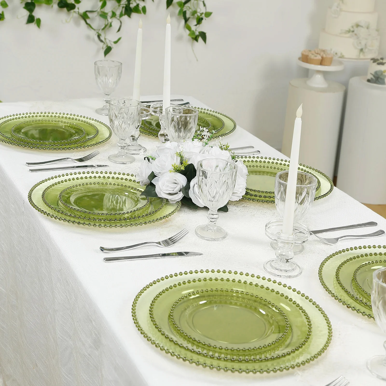 10-Pack Plastic 10" Round Dinner Plates in Transparent Dusty Sage Green with Beaded Rim - Disposable Party Plates for Banquets & Festive Occasions - Image 2