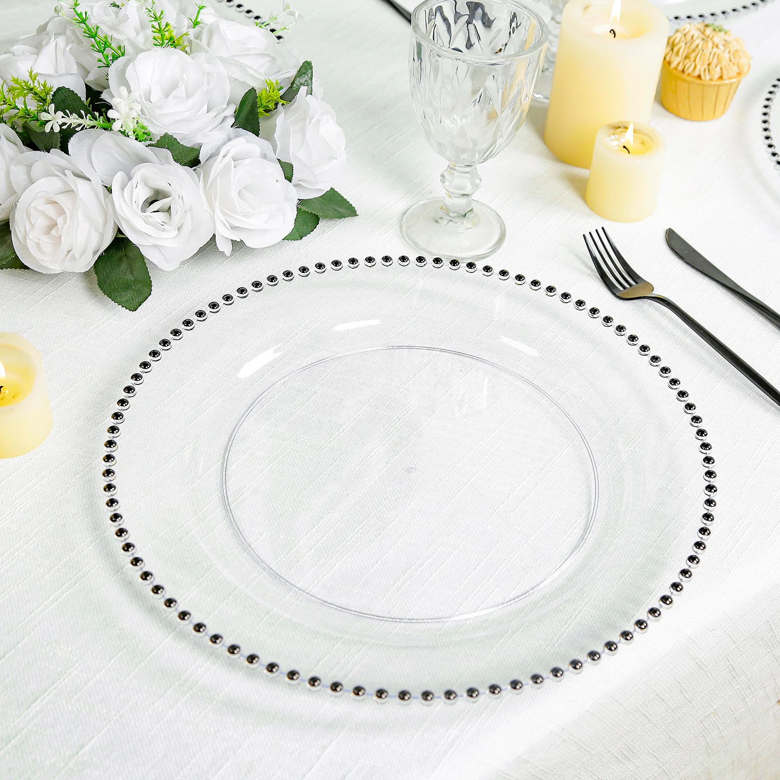 10-Pack Economy Round Plastic Charger Plates 13" in Clear with Black Beaded Rim, Stylish Dinner Party Serving Plates