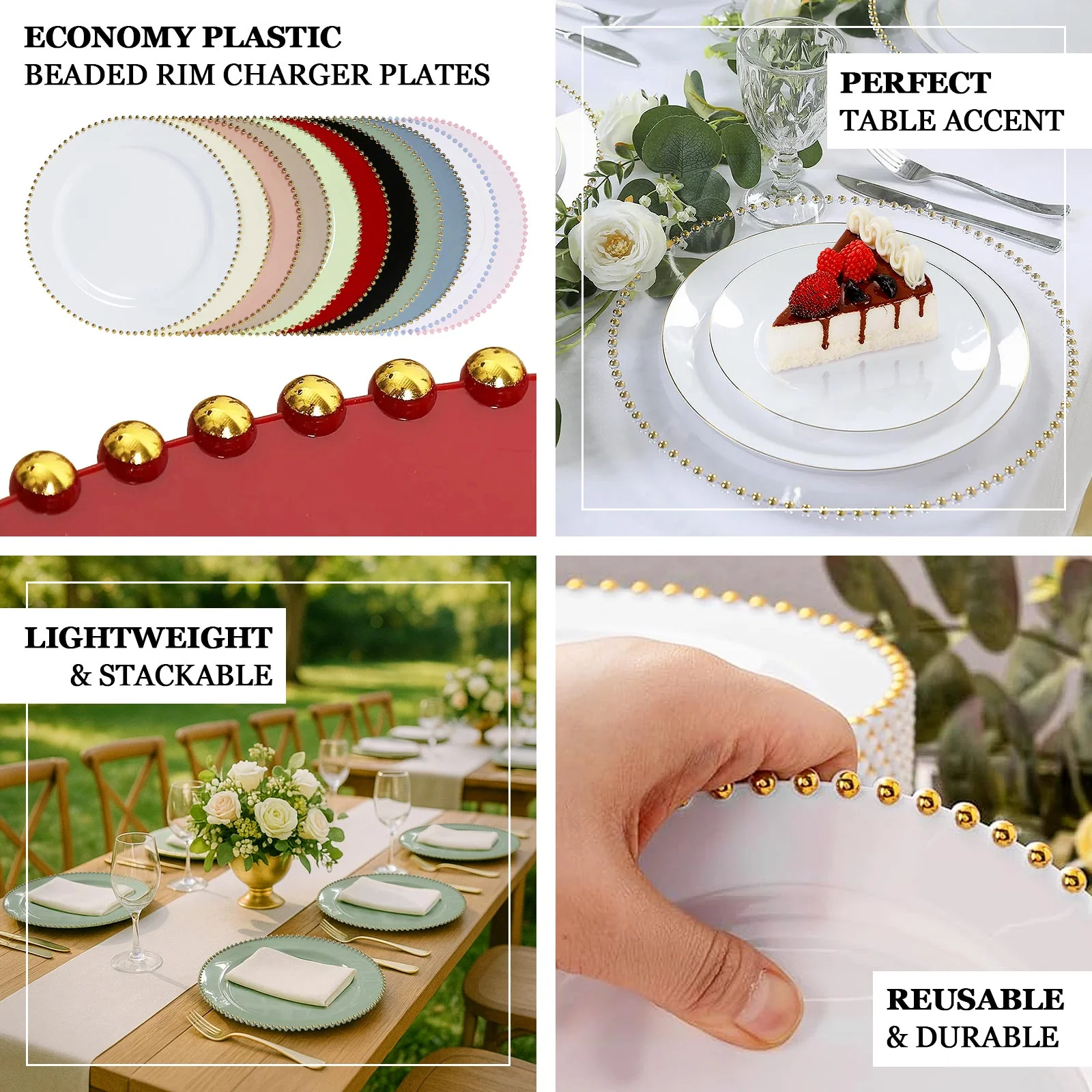 10-Pack Economy Round Plastic Charger Plates 13" in Clear with Black Beaded Rim, Stylish Dinner Party Serving Plates - Image 4