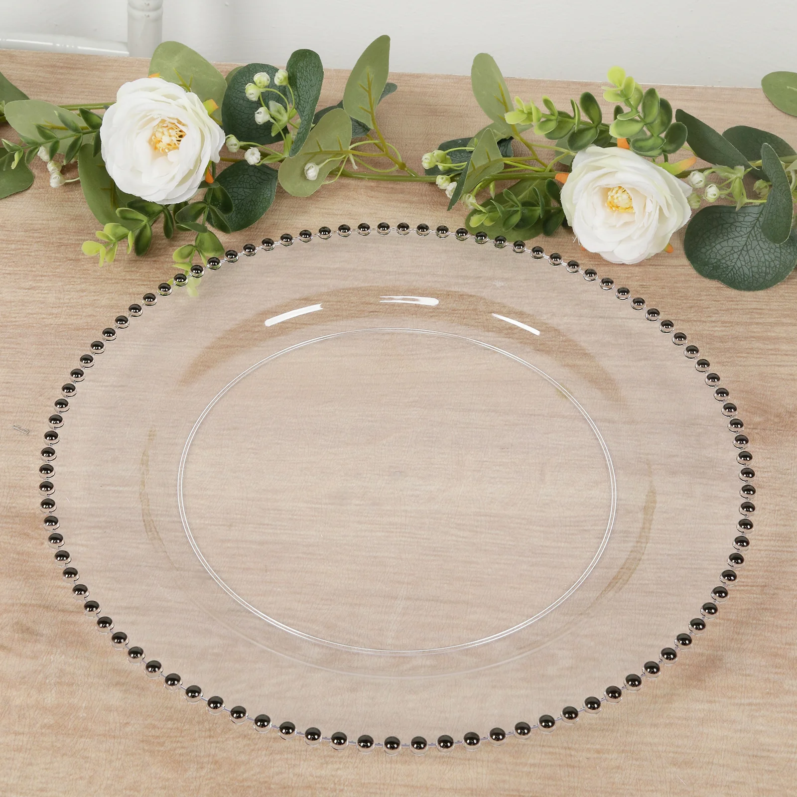 10-Pack Economy Round Plastic Charger Plates 13" in Clear with Black Beaded Rim, Stylish Dinner Party Serving Plates - Image 6