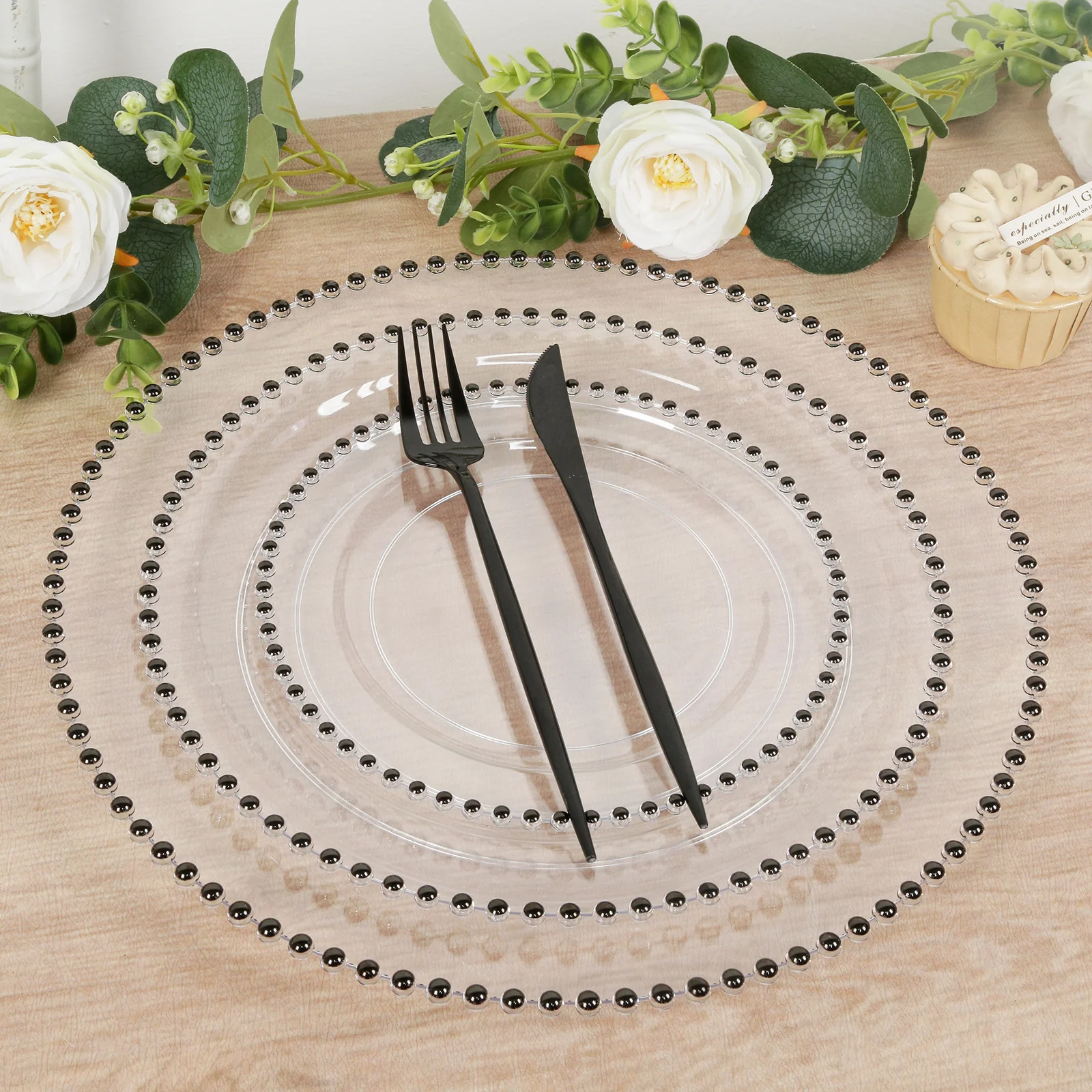 10-Pack Economy Round Plastic Charger Plates 13" in Clear with Black Beaded Rim, Stylish Dinner Party Serving Plates - Image 7