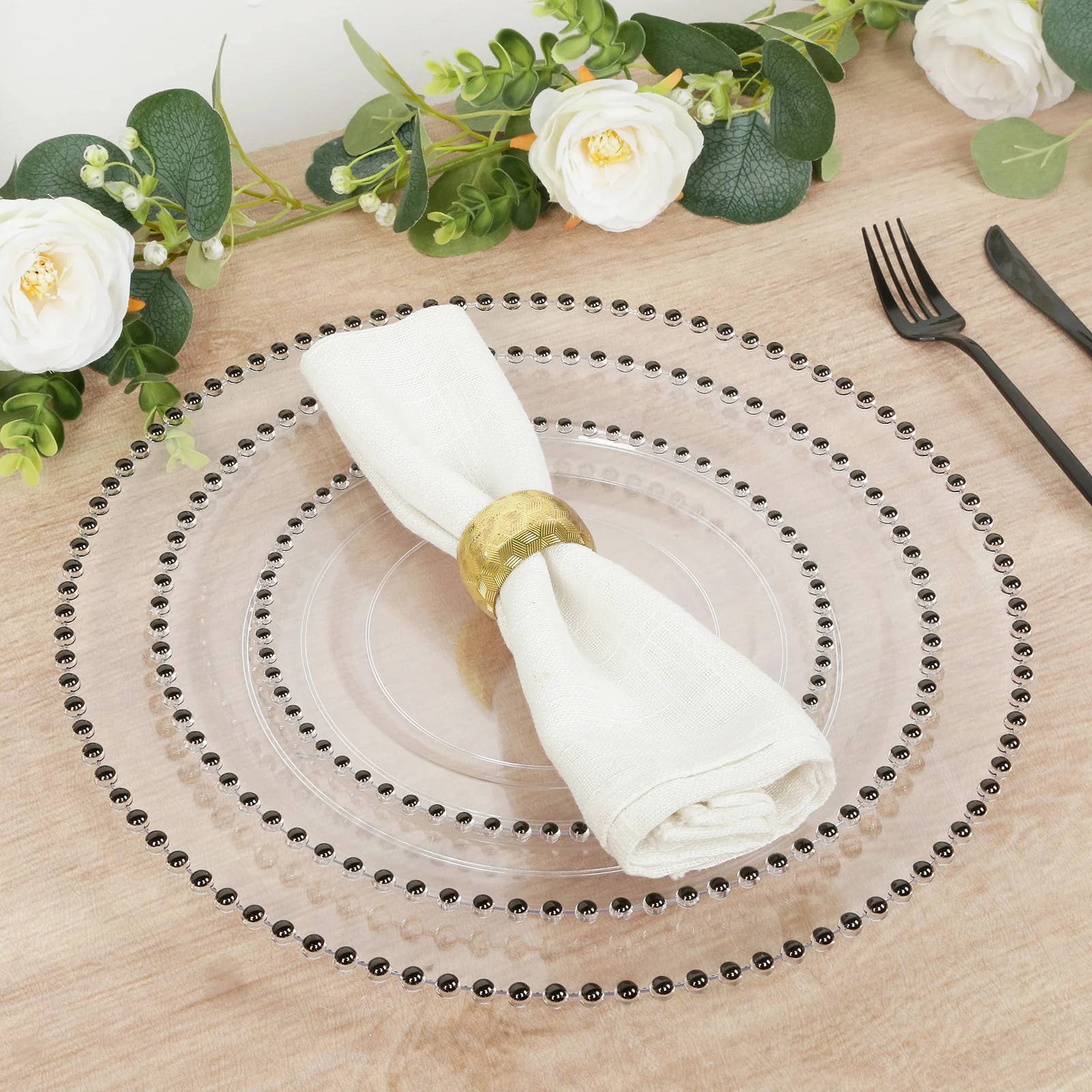 10-Pack Economy Round Plastic Charger Plates 13" in Clear with Black Beaded Rim, Stylish Dinner Party Serving Plates - Image 8