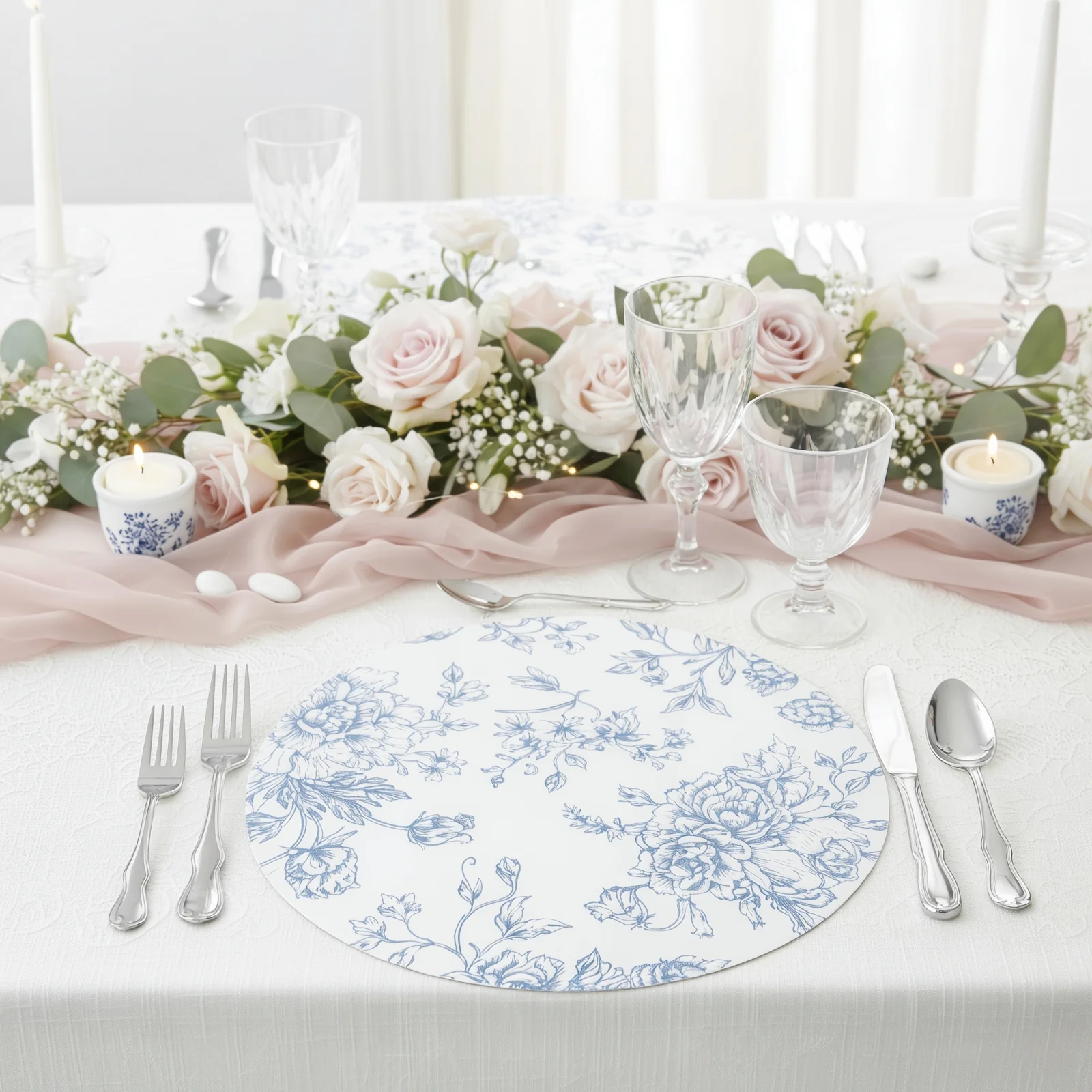 10-Pack Disposable Table Placemats in French Toile Print 13" in Matte White/Blue - Chic Floral Cardboard Placemats for Stylish Table Setting - Image 7