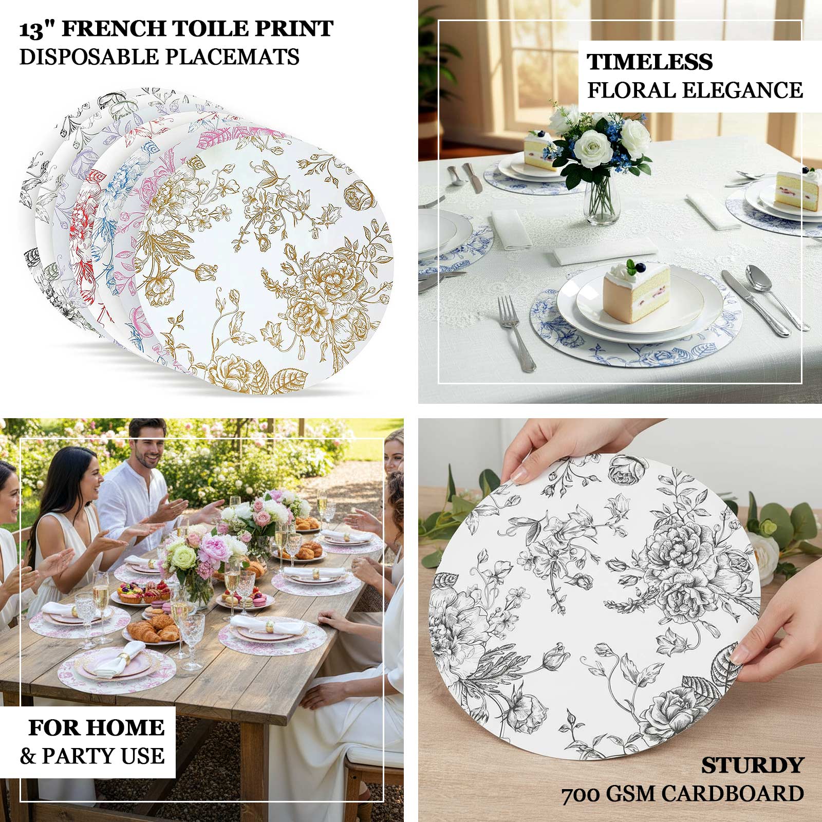10-Pack Disposable Table Placemats in French Toile Print 13" in Matte White/Sage Green - Chic Floral Cardboard Placemats for Stylish Table Setting - Image 4