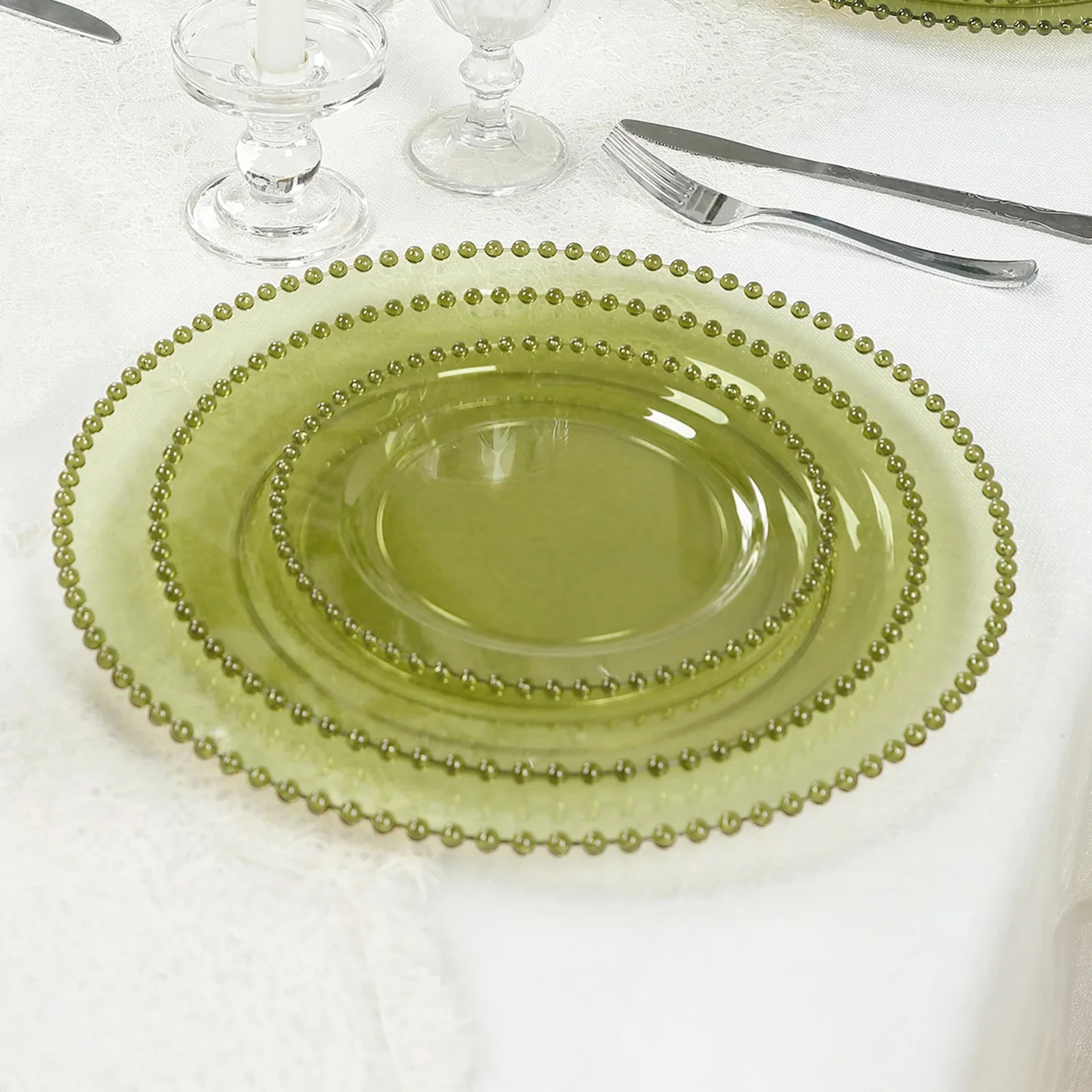 10-Pack Transparent Dusty Sage Green Plastic Dessert Plates – 8" Round with Beaded Rim, Disposable for Parties & Events - Image 10