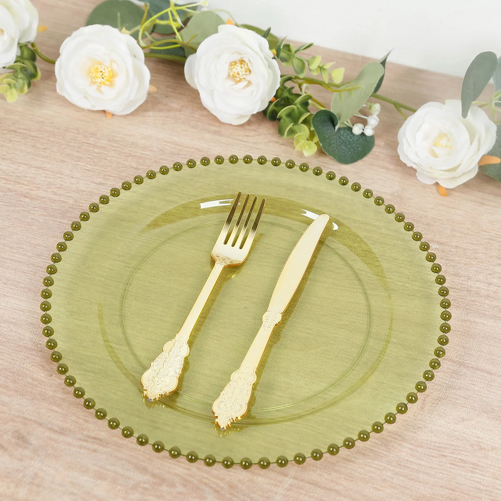 10-Pack Transparent Dusty Sage Green Plastic Dessert Plates – 8" Round with Beaded Rim, Disposable for Parties & Events - Image 6